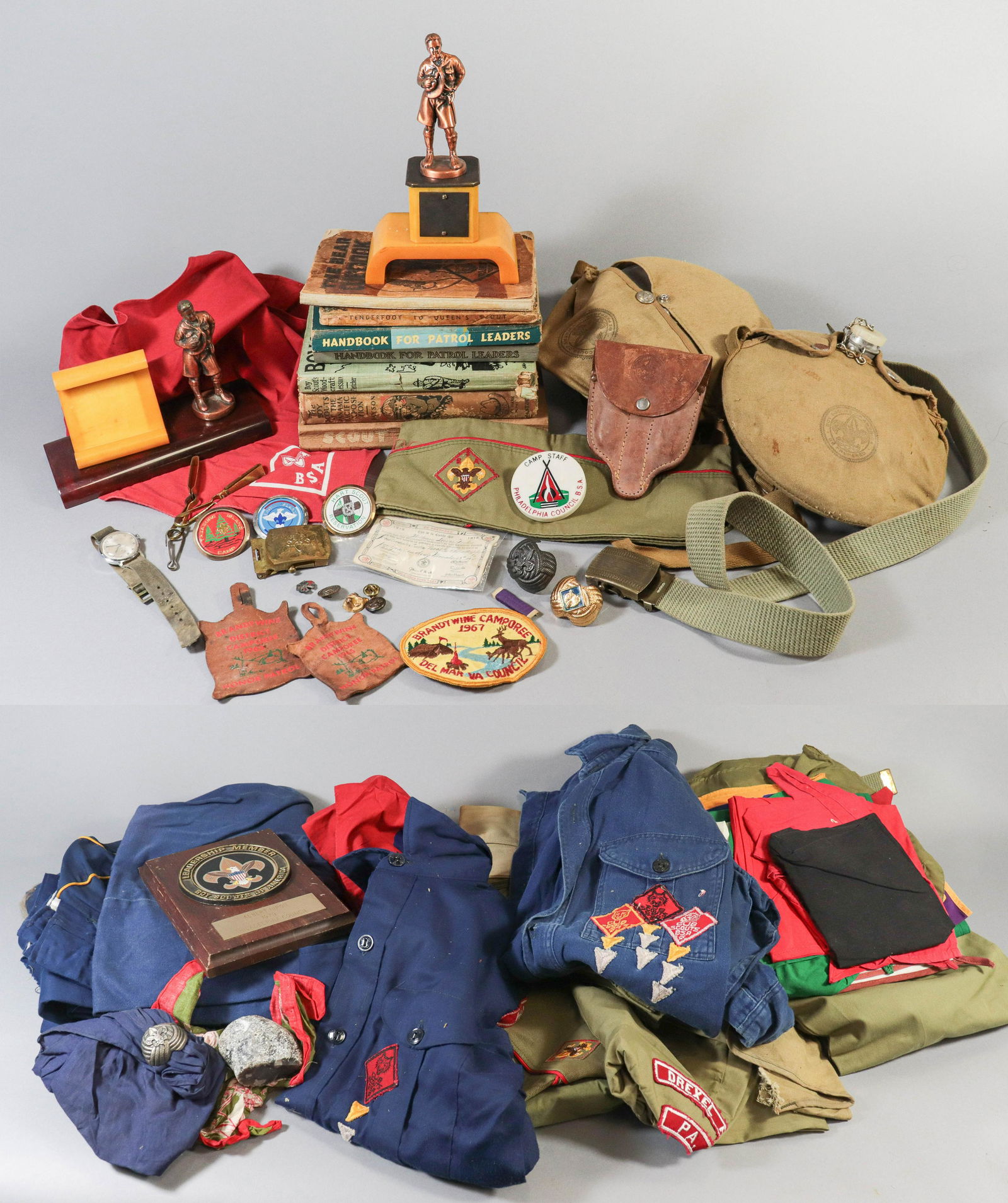 Boy Scout and Cub Scout Garments and Ephemera: Boy Scouts and Cub Scouts garments and ephemera to include The Boy Scouts at the Panama-Pacific Exposition Lieut. Howard Payson, Boy Scouts Woodcraft Lesson, 1950's Handbook for Patrol Leaders, 1960's