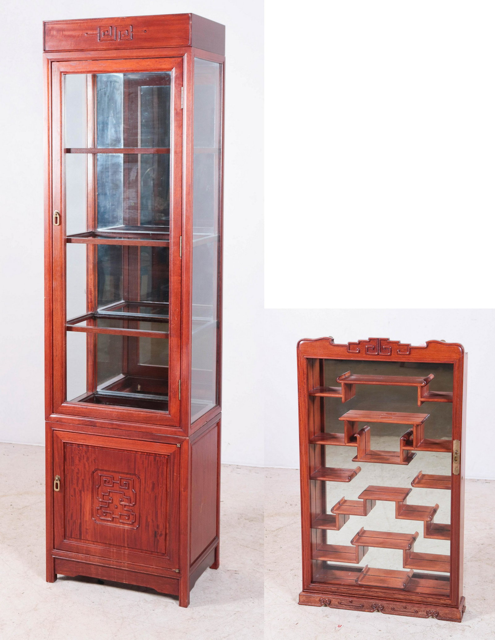 Asian display cabinet, hanging netsuke/inro display: 2-pc Asian style display cabinet, top with mirrored back, glass shelves, w/a hanging netsuke/inro display cabinet, 74-1/2"h x 24"w