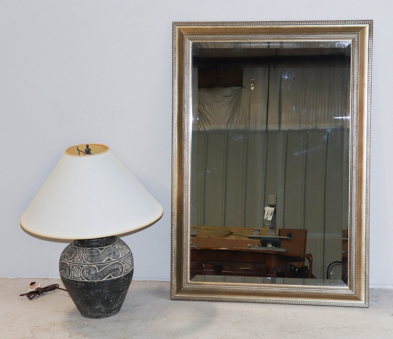 Decorative pottery table lamp, silver gilt wall mirror: Decorative pottery table lamp, silver gilt hanging wall mirror, largest 41"h x 29-1/2"w