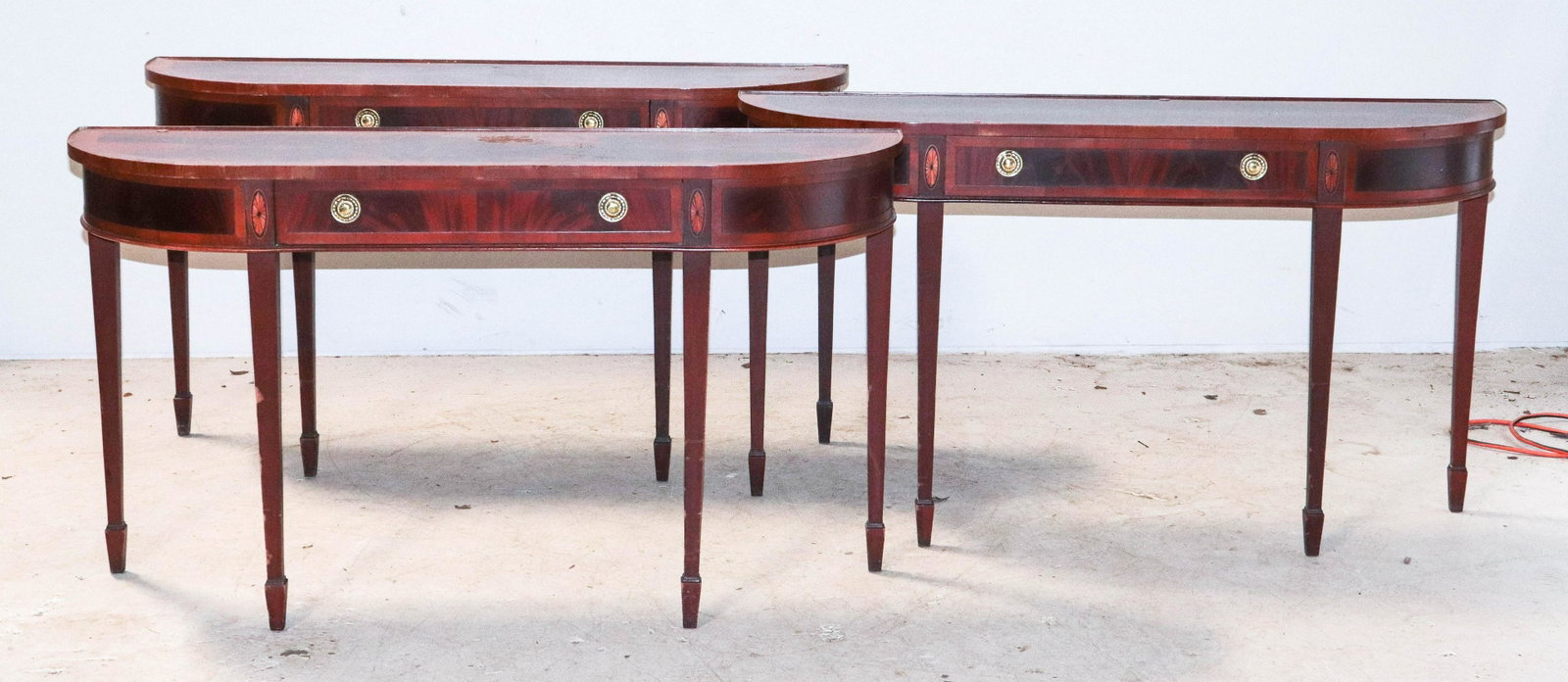 (3) Mahogany Hepplewhite style demilune console tables: (3) Mahogany banded Hepplewhite style demilune console tables, single drawer, 30"h x 53"w
