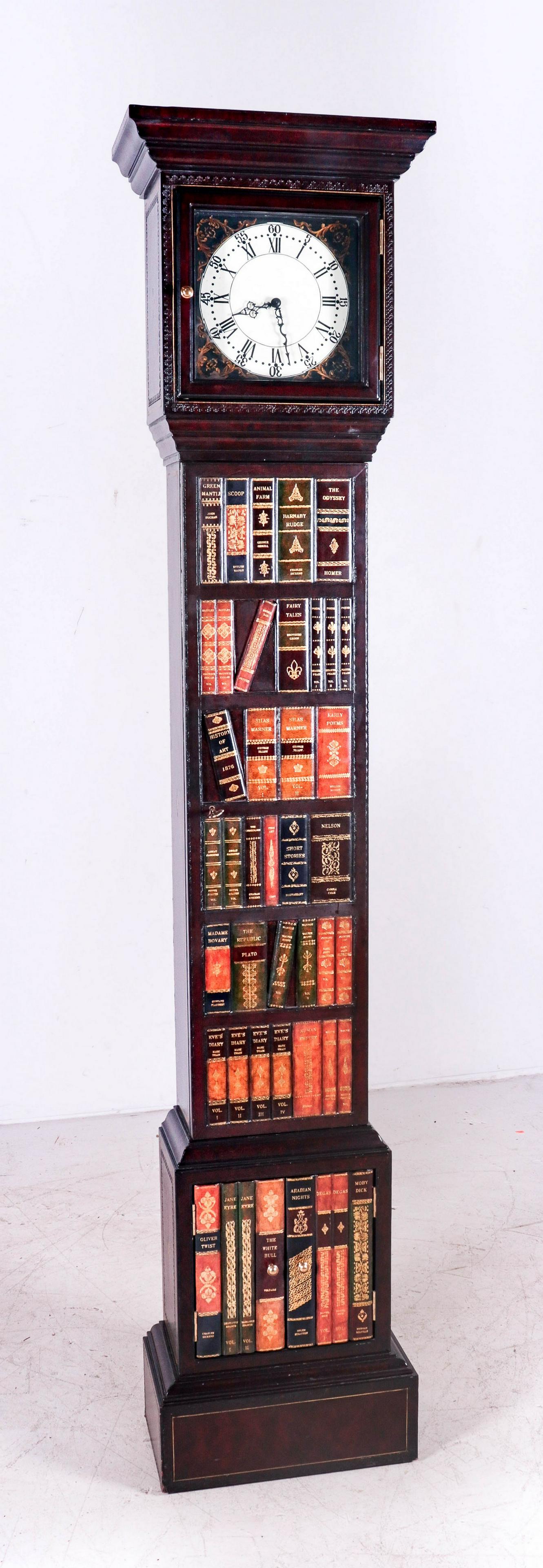 Maitland Smith faux bookspine leather tall case clock: Maitland Smith faux bookspine leather tall case clock with faux book spine decoration, 85"h x 18"w