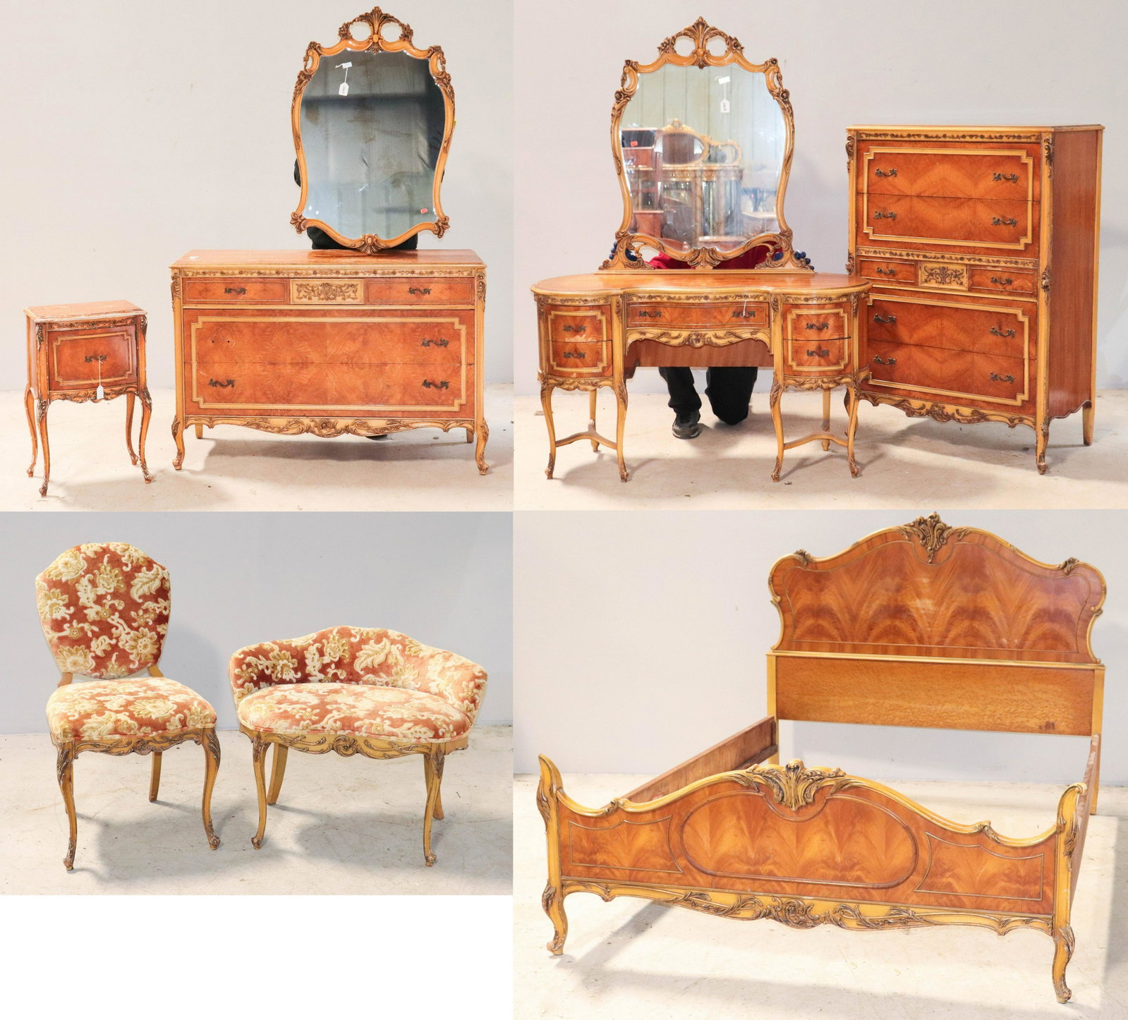 (9) pc French style BRS: (9) pc French style BRS, c/o twin size bed, dresser w/ mirror, settee, high chest, nightstand, vanity w/ mirror and chair, cream painted highlights, largest 54"h x 37-1/4"w