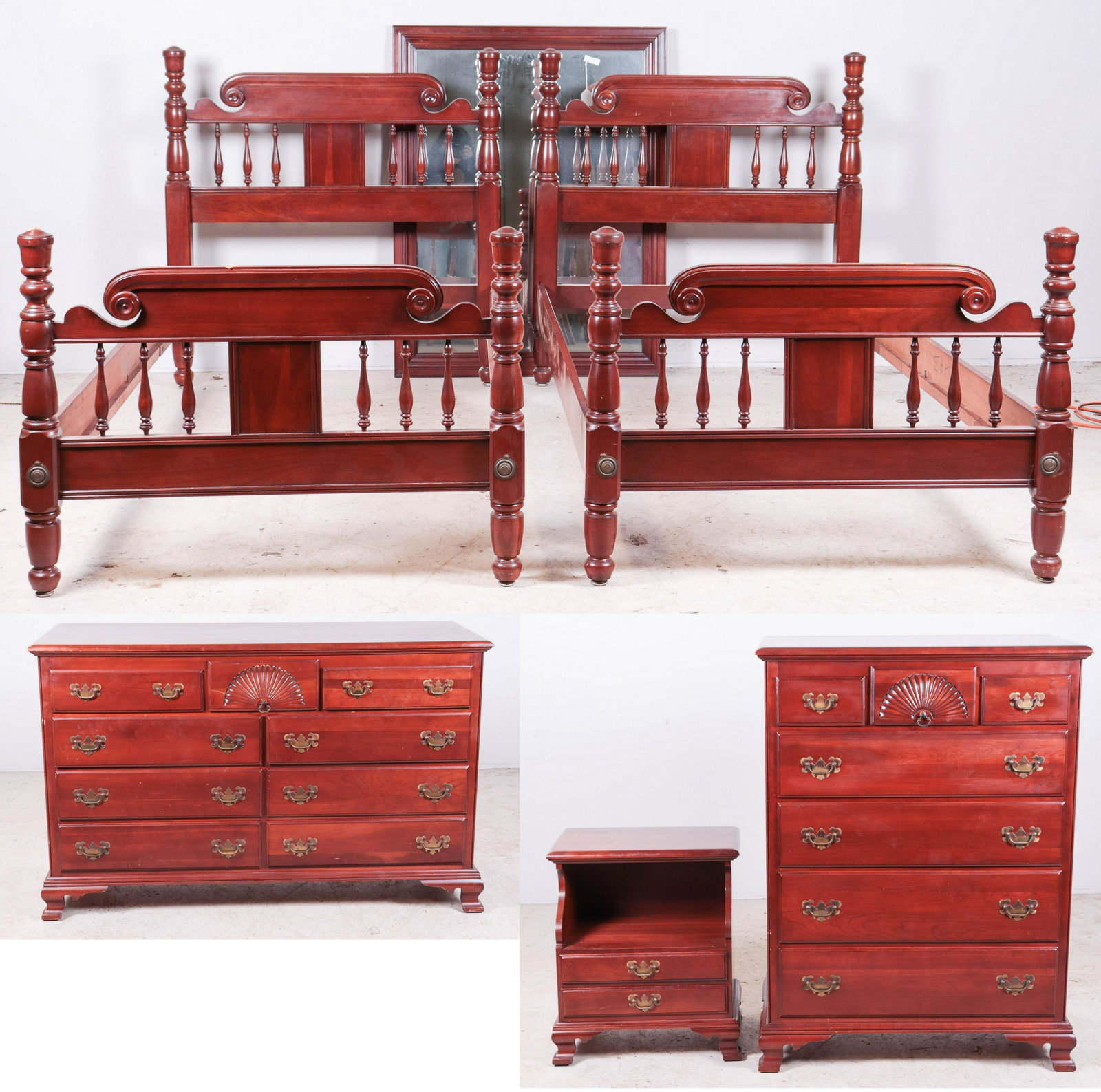 (6) pc Kling cherry BRS: (6) pc Kling cherry BRS, c/o pair twin size beds, nightstand, dresser w/ mirror, high chest, largest 48"h x 36"w