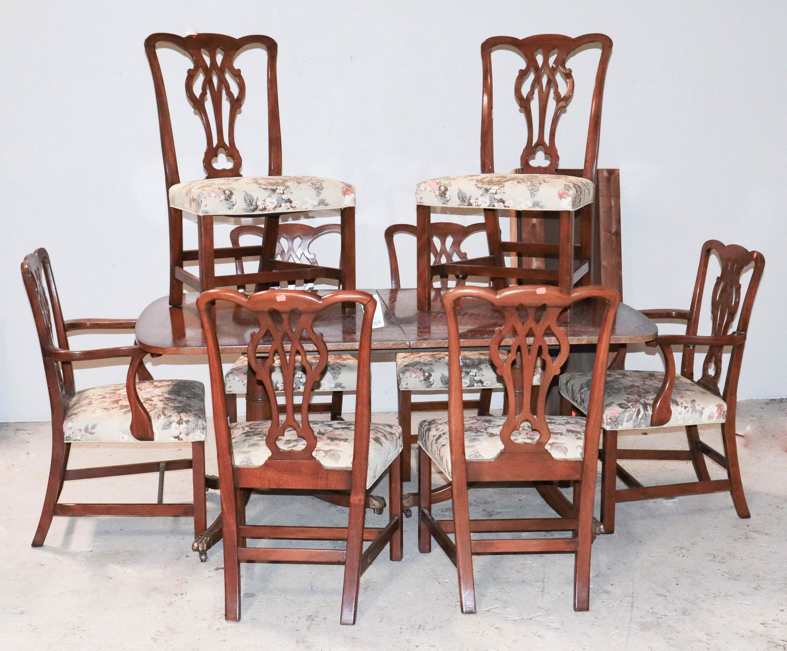 (8) Kittinger Mahogany Georgian Style DR Chairs, Table: (8) Kittinger Mahogany Georgian Style DR Chairs, 2 w/arms, double pedestal dining table with three 19" boards 29-1/2"h x 69"w, Nicks and light wear to legs. Back splats in very good condition with one