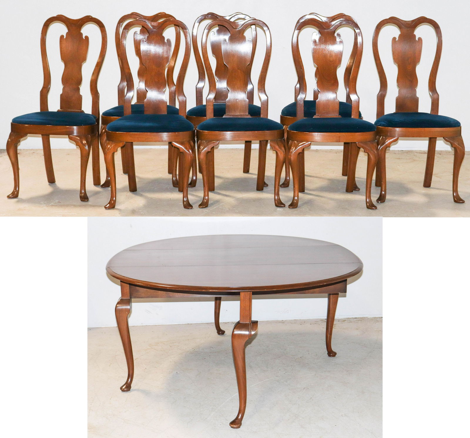 (9) pc Robert Whitley QA style walnut DRS: (9) pc Robert Whitley (Bucks Co, PA, Cabinet maker, d 2000) QA style walnut DRS, c/o (8) spoon shaped fiddle backed side chairs, shaped seats, circa 1960, dropleaf gateleg dining table, table 29-1/4"h