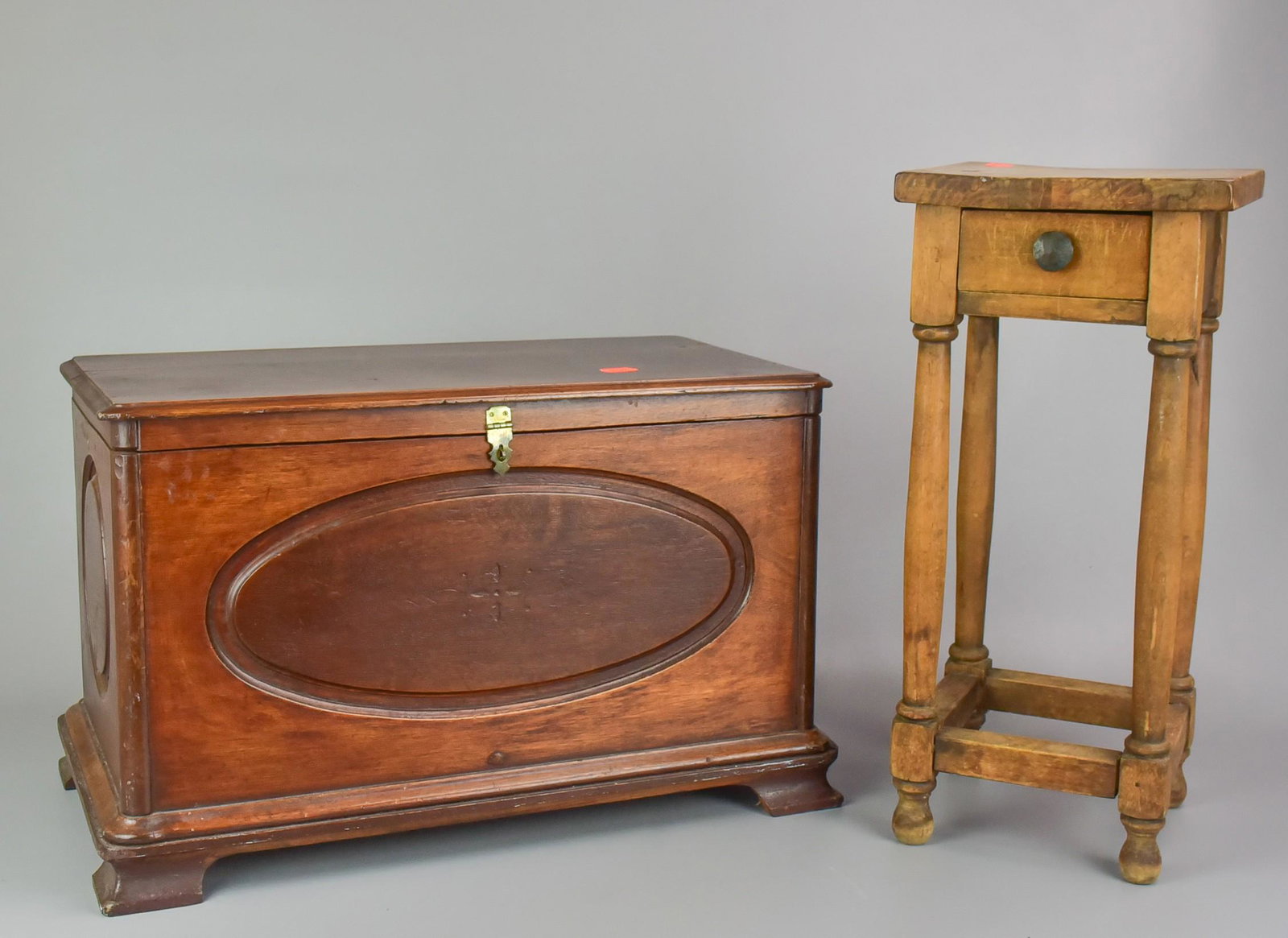 Child's size pine one drawer stand, Child size: Child's size pine one drawer stand, along with Child's size Victorian lidded box, largest 12-1/4"h x 13-1/2"w