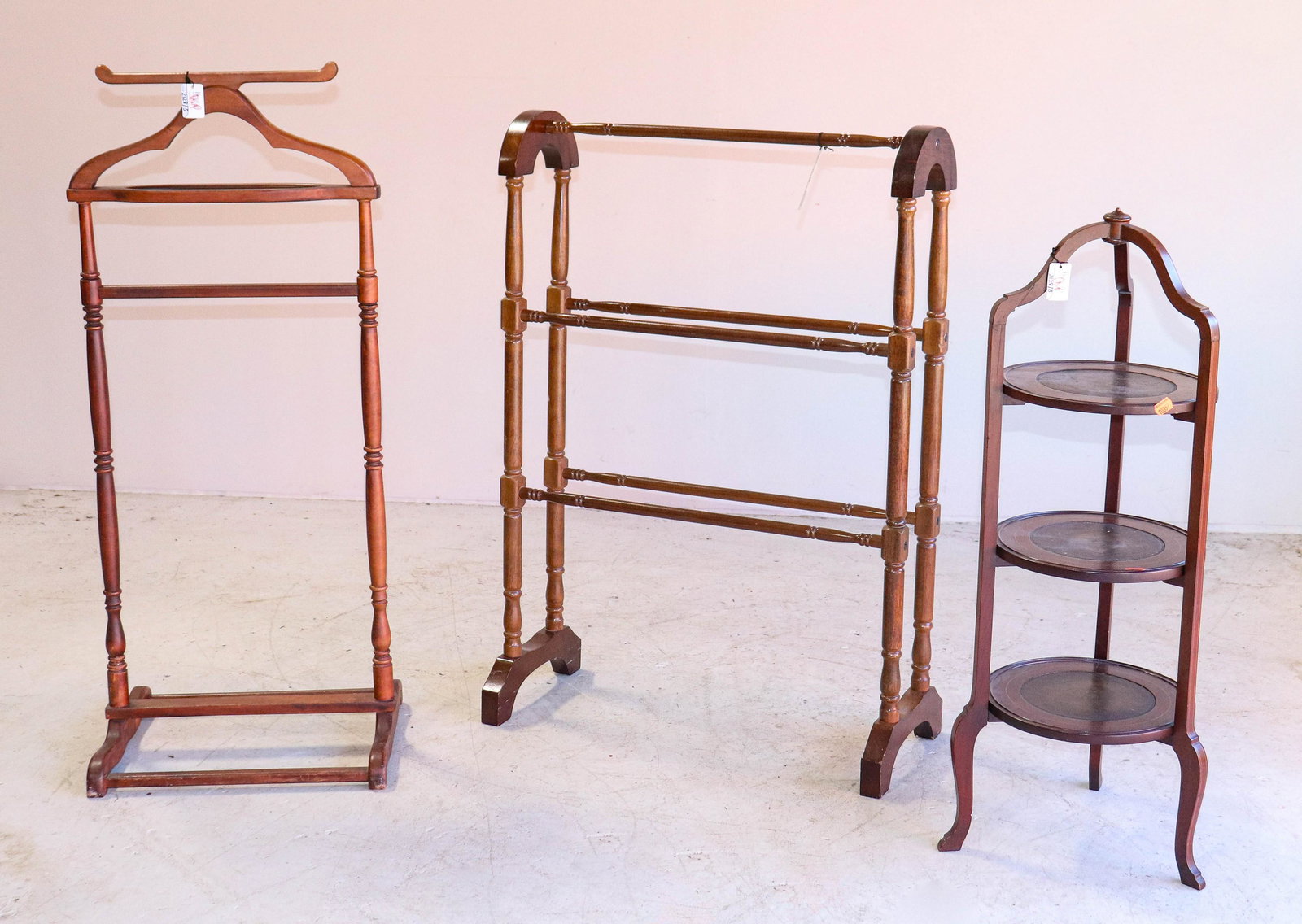 3-tier dessert stand, butler's stand, Sheraton style: 3-tier dessert stand w/ leather shelves, along with butler's stand, Sheraton style towel rack, largest 40"h x 27-1/2"w, dessert stand with repaired arm