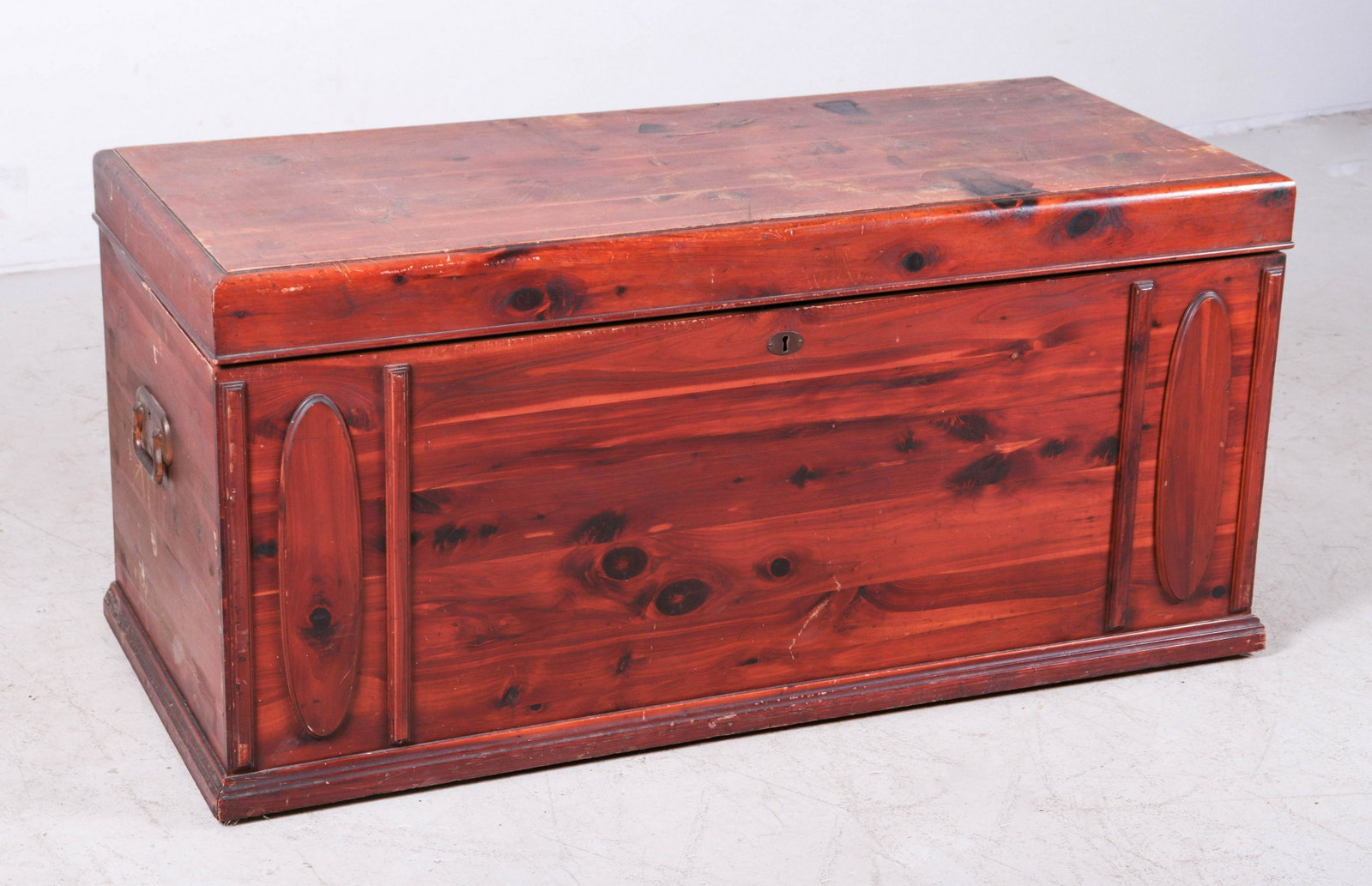 Pine cedar chest: Pine cedar chest, applied decoration and moulding, 21"h x 43-1/2"w