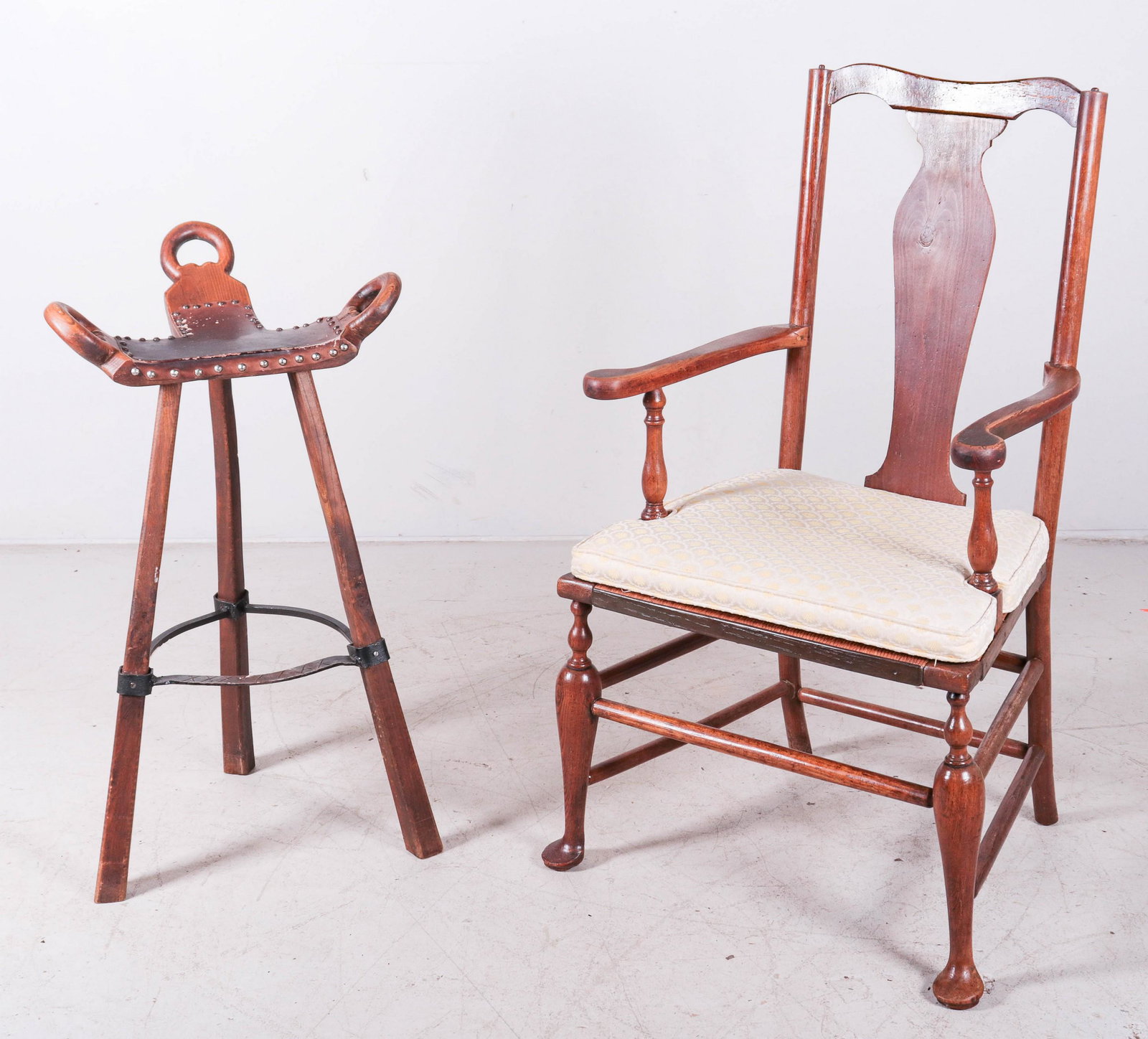 Pine QA style armchair, saddle form stool: Pine QA style armchair, rush seat, along with saddle form stool, leather covered seat, largest 43"h, seat height 18"h
