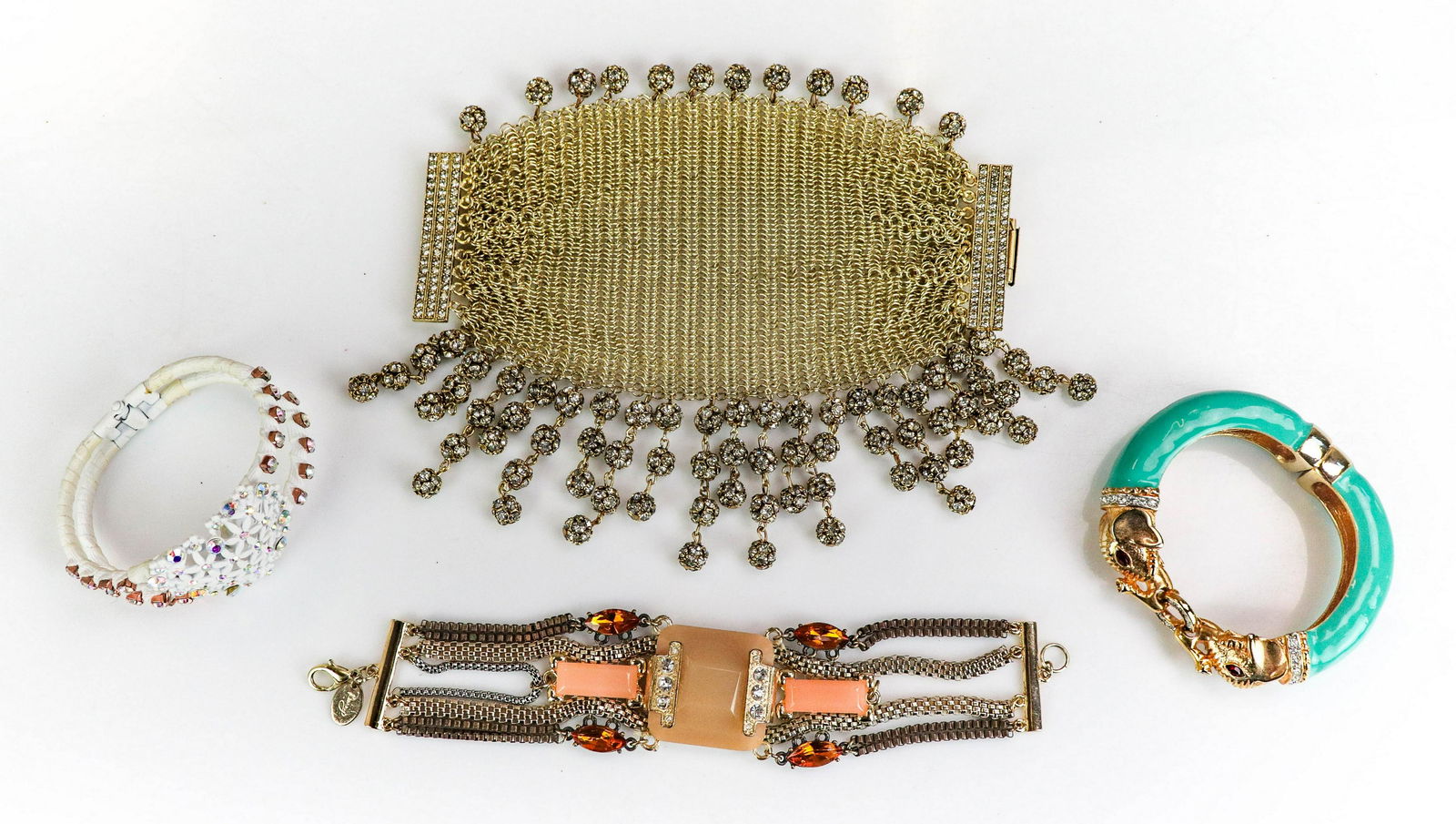 (4) Fashion Designer Bracelets: (4) Fashion Designer Bracelets; Lot C/O: (1) Roxanne Assoulin, gold tone chain link bracelet 3" wide; small size may fit a 6" wrist (1) kenneth Jay Lane Enamel elephant bangle, (1) Betsey Johnson whit