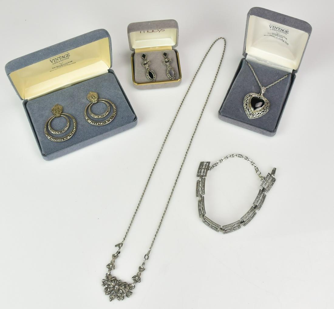 (5) PC Marcasite Jewelry Collection: (5) Pc Marcasite Jewelry Collection Lot C/O: (1) pair of round earrings in Org. Box, (1) onyx and marcasite heart necklace in box, (1) pair of onyx and marcasite earrings; (1) silver marcasite bracele