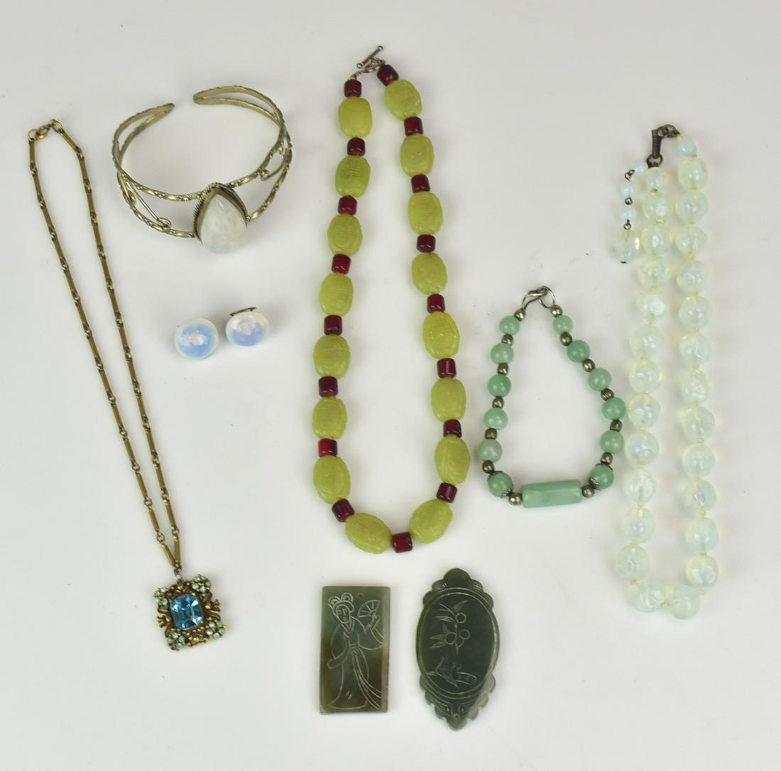 (8) Pc Jewelry Lot: (2) pc Iradecent glass necklace and earring set 17" and button clip earrings, (1) Jade and silver bead bracelet, (1) silver tone Labradorite cuff bangle, (1) Hardstone chinese carved necklace 16" (1)