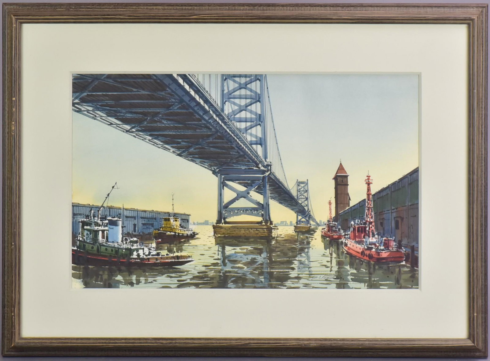 William C Ressler "Ben Franklin Bridge": William Ressler (American, b 1929) "Ben Franklin Bridge", watercolor on paper, signed "Wm. C. Ressler AWS", label on back from Newman Galleries, Philadelphia, 13-1/4" x 21-1/2" sight, framed 22" x 30-