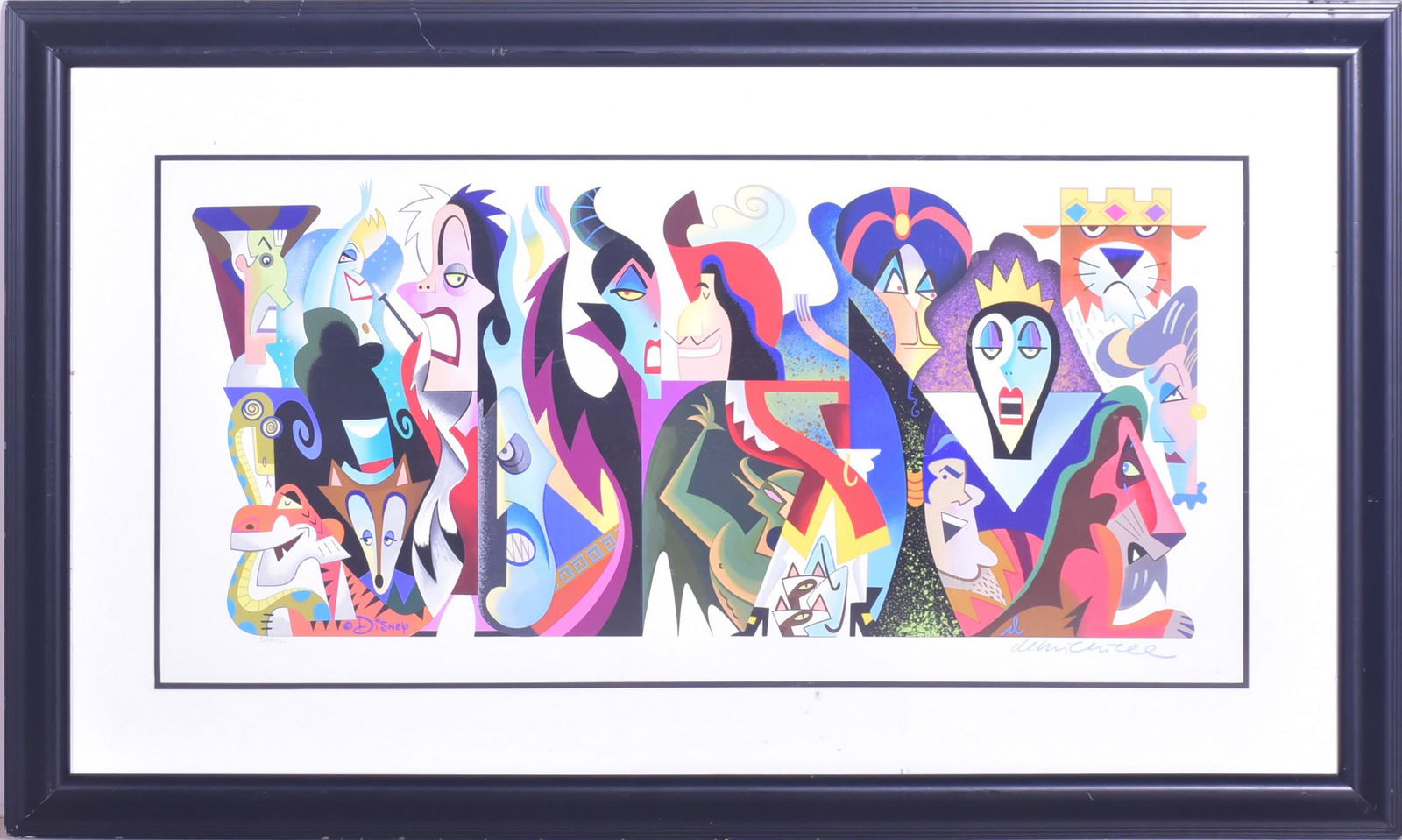 Robert De Michiell "Disney Villains" Print: Robert De Michiell (American, 1958-2015) "Disney Villains" print, silkscreen serigraph on paper, hand signed bottom right, edition 310/450, measures 17" x 36-1/2" image, framed size 31-3/4" x 52-3/4",
