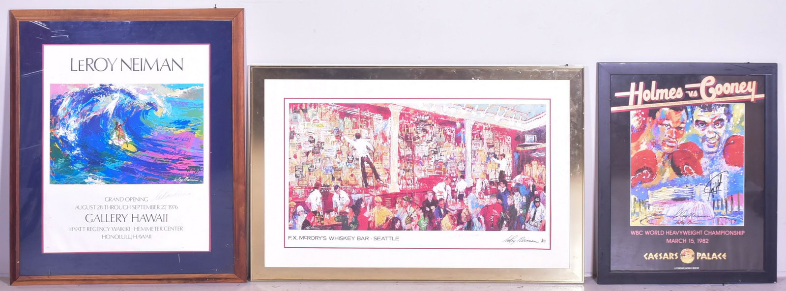 (3) Leroy Neiman Signed Posters & Print: (3) Leroy Neiman signed posters & print, "F.X McCrory's Whiskey Bar", "Gallery Hawaii", and Holmes vs. Cooney", each hand signed "Leroy Neiman", one also signed "Larry Holmes", largest framed size 30-