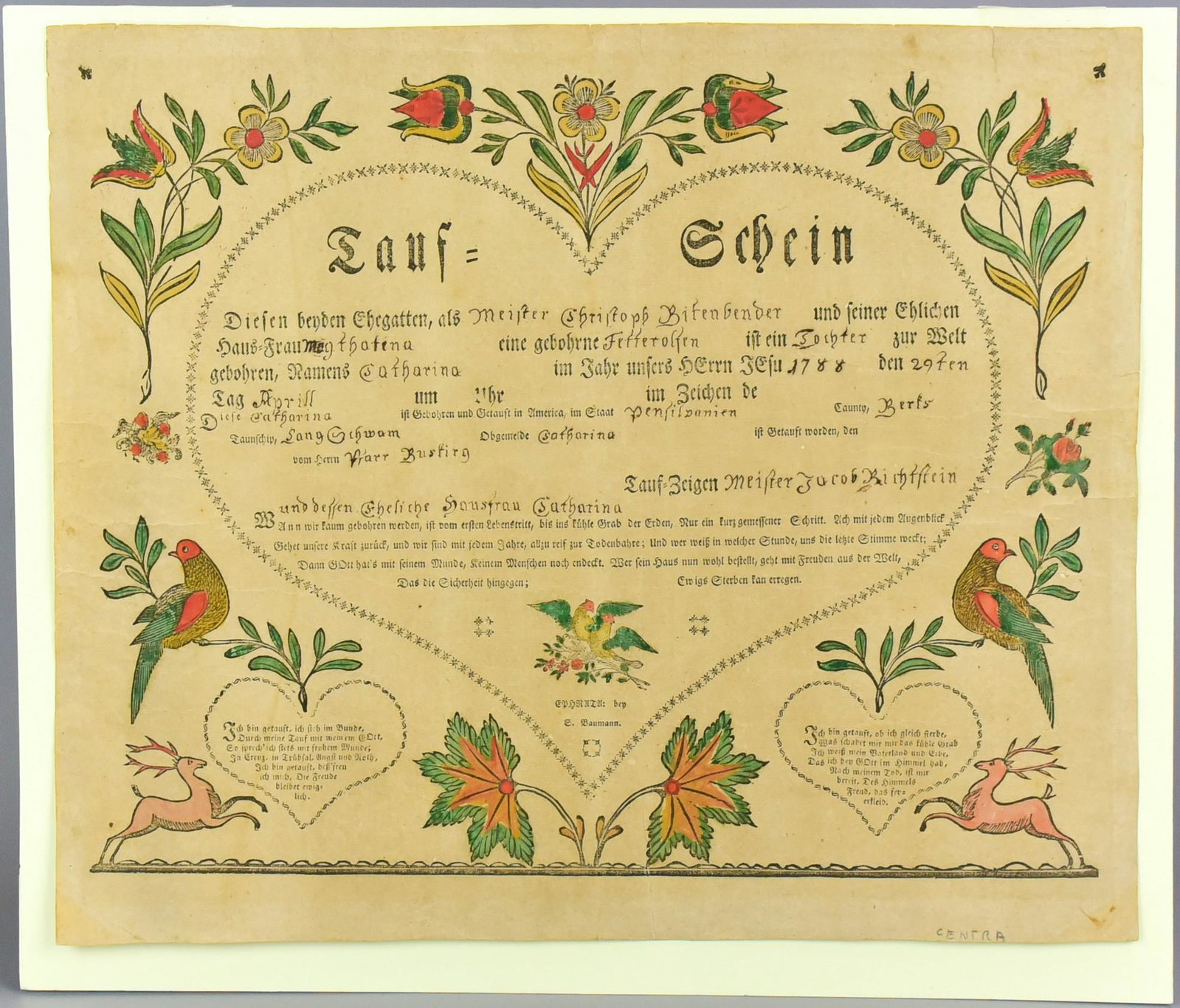 1788 Samuel Baumann Taufshein: 1788 Samuel Baumann taufschein, hand-colored fraktur printed at Ephrata, PA with tulip, bird and deer motifs recording the birth of Christof Bitenbender in Berks Co., PA, 13 1/4" x 15 3/4" sheet, unfr