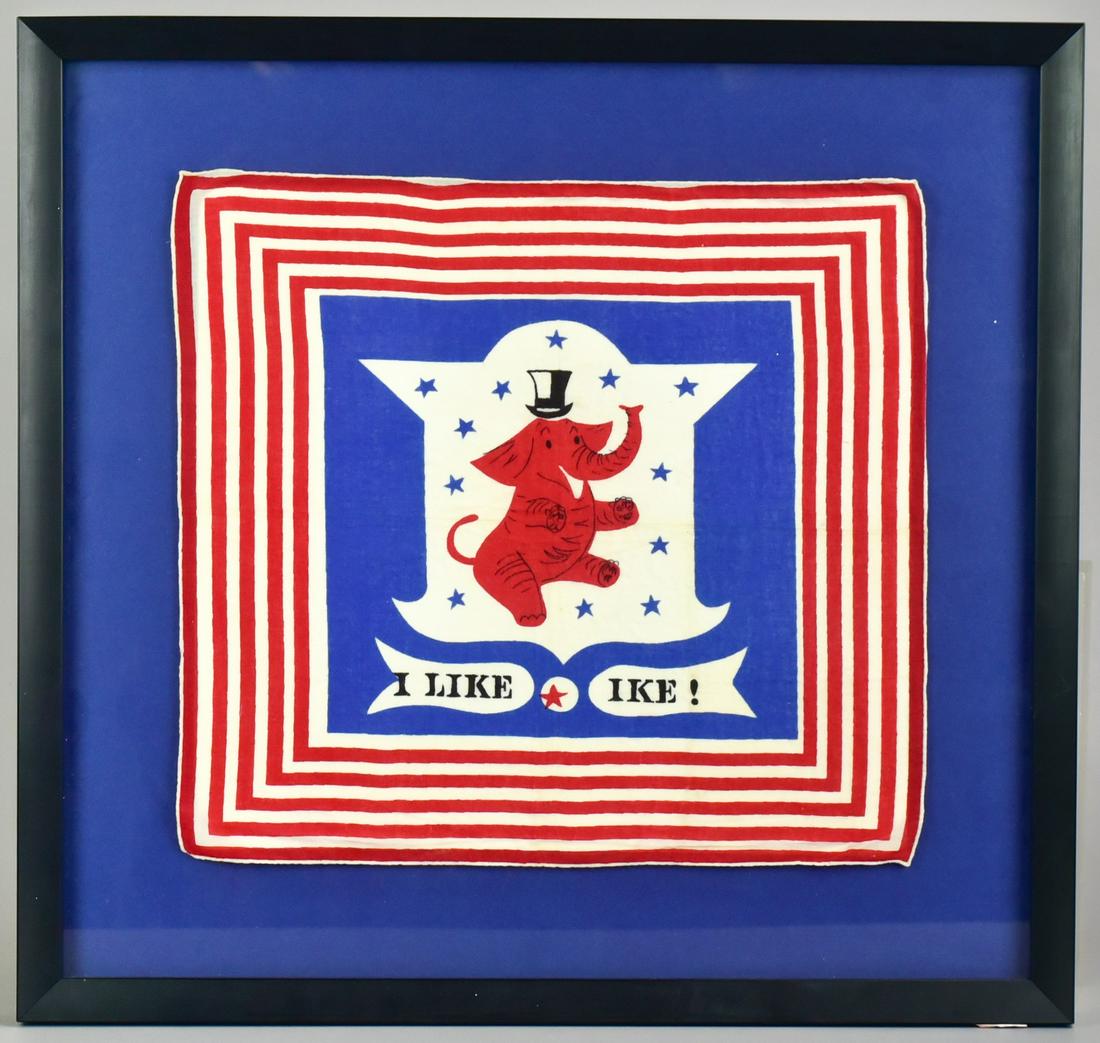 Tammis Keefe 1952 I Like Ike Handkerchief: 1952 "I LIKE IKE" political Republican GOP handkerchief scarf, designed by Tammis Keefe (1913-1960), 12" x 13", in shadow box frame 17-3/4" x 18-3/4"