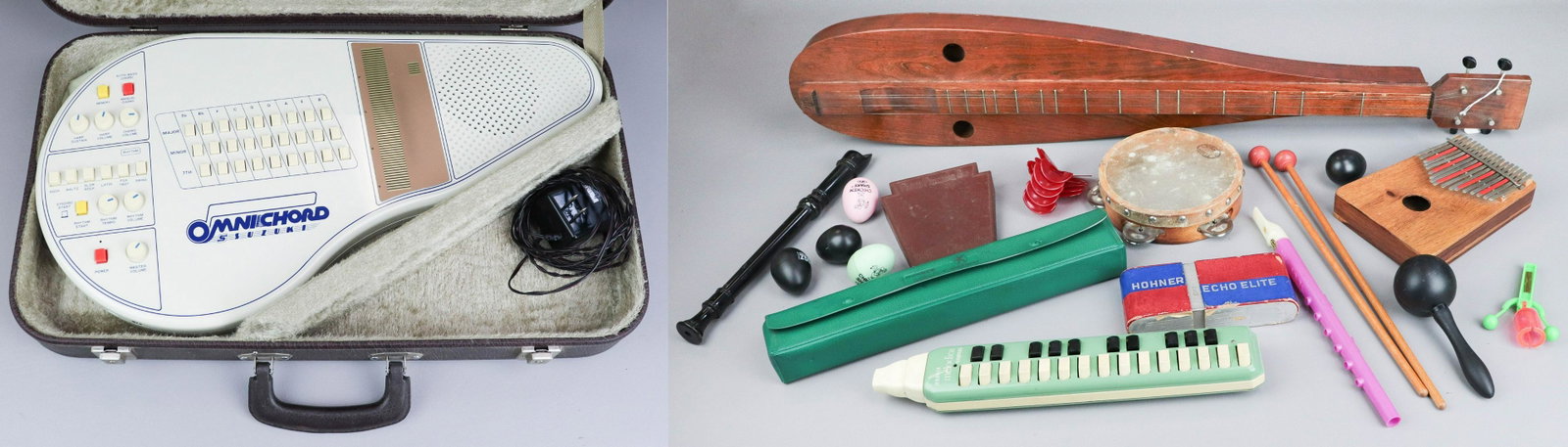 Large Lot of Unusual Instruments: Large lot of unusual instruments, c/o Omnichord (rhythm works, sound bar does not), handmade walnut mountain lap dulcimer (crack in base of body), Hohner Echo Elite harmonica, kalimba thumb piano, (6)