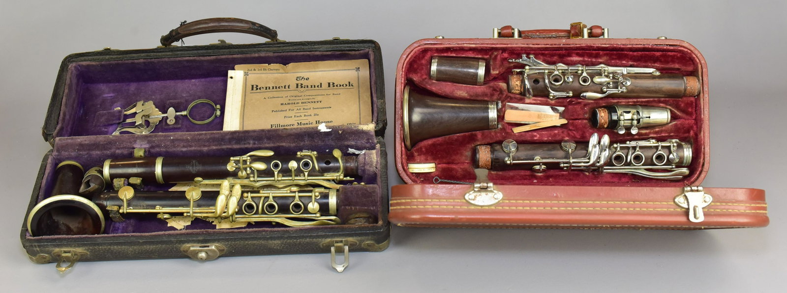 (2) Buffet Wood Clarinets: (2) Buffet wood clarinets, made in France, with cases c/o 1940s Crampon & Co Paris serial #28991 (broken mouthpiece), Evette by Buffet serial #K8257, corks & pads need replacing