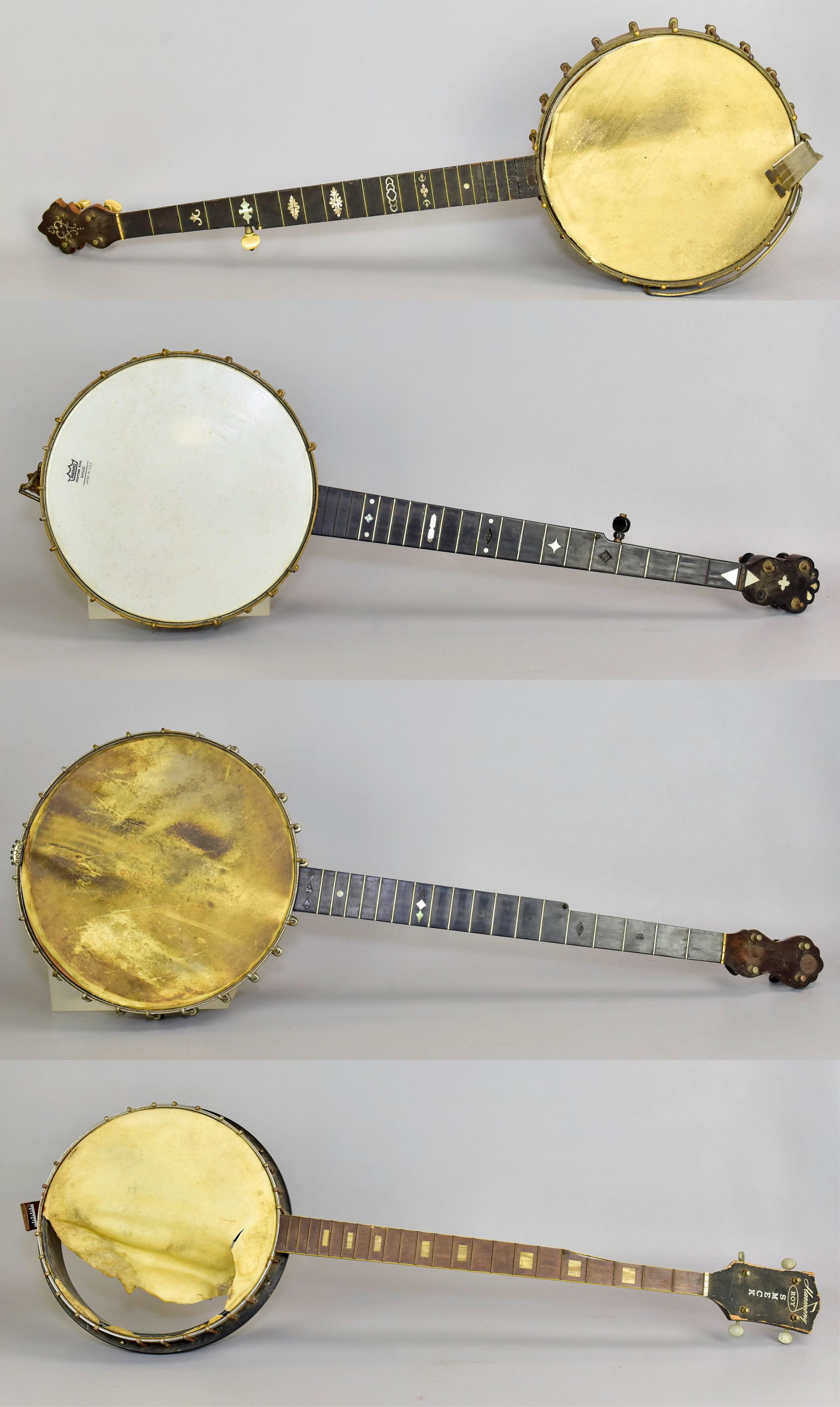 (4) Open Back Banjos: (4) Open back banjos, c/o Harmony Roy, (3) unmarked, all for parts or repair, longest 37-1/2"