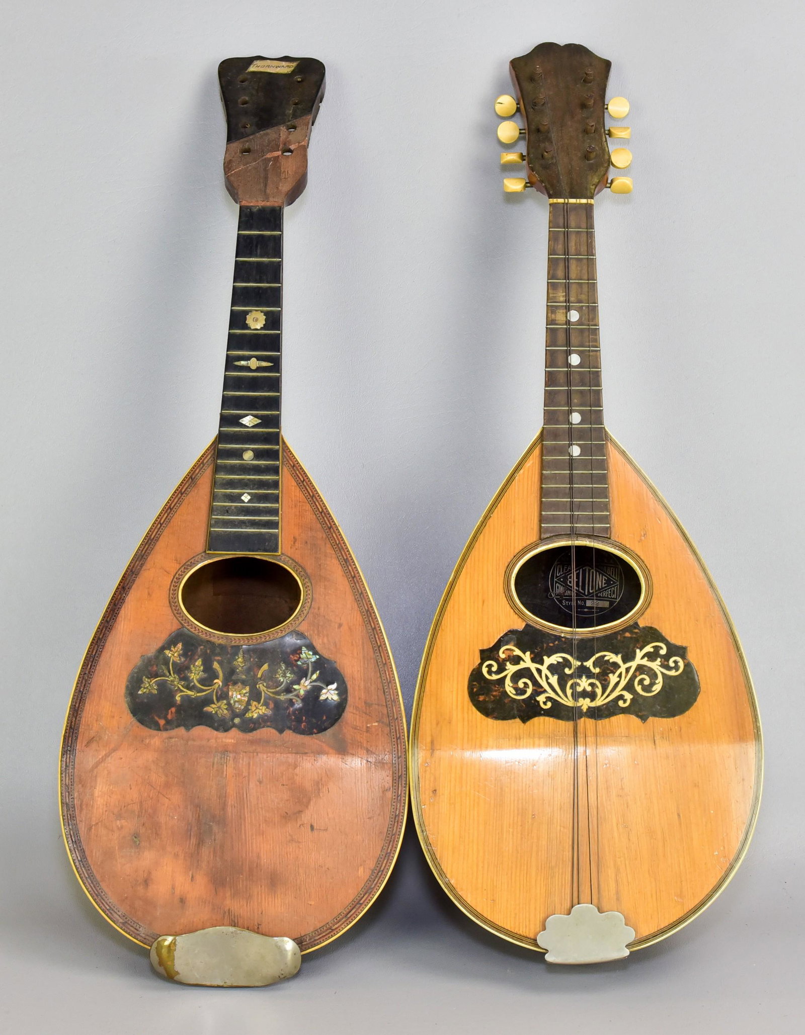 (2) Melon Body Mandolins: (2) Melon body 8-string mandolins with inlaid pickguards & abalone inlay frets, c/o Thornward (missing bridge & pins, headstock missing veneer), Beltone Style No 22 (missing bridge)