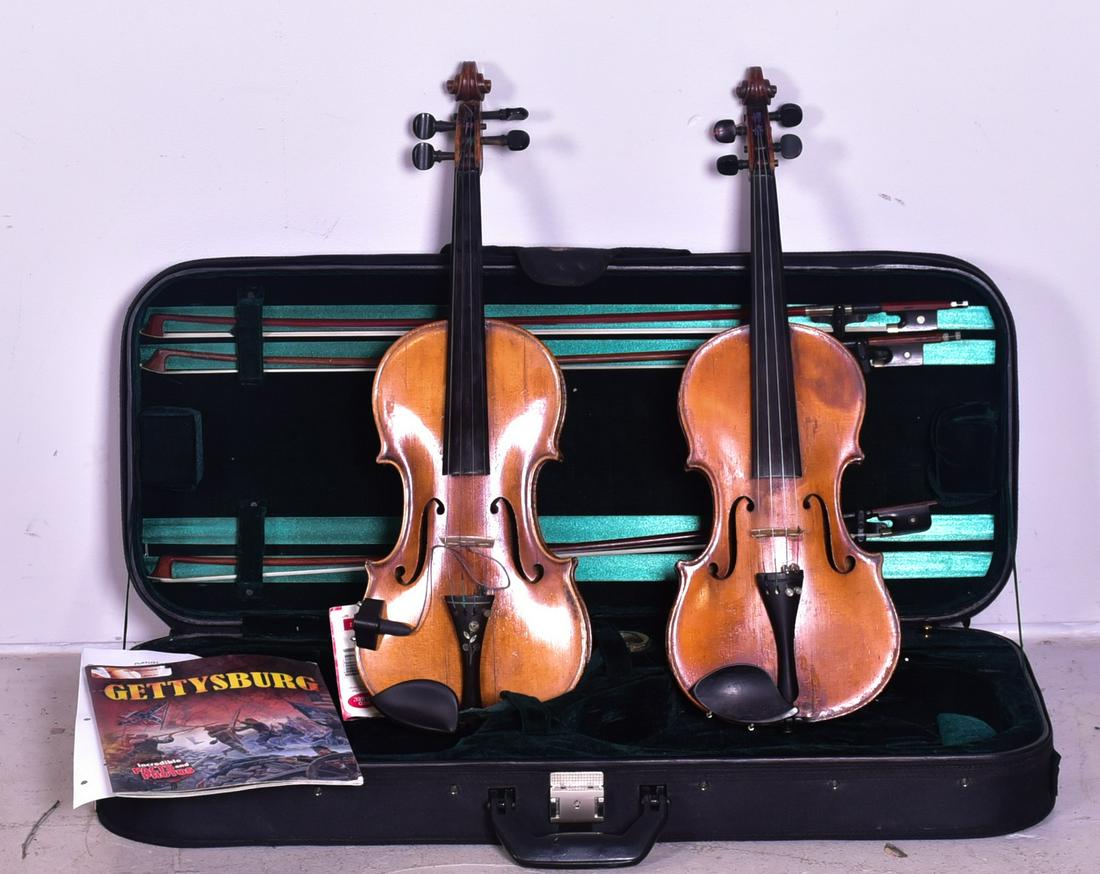(2) Violins in Double Case: (2) Violins, c/o John Juzek Prague #912, Adolph Neumann copy of joseph Guarnerius (crack in face), including (3) bows (Sivori, J Remy, Karl Hermann), in a double violin case