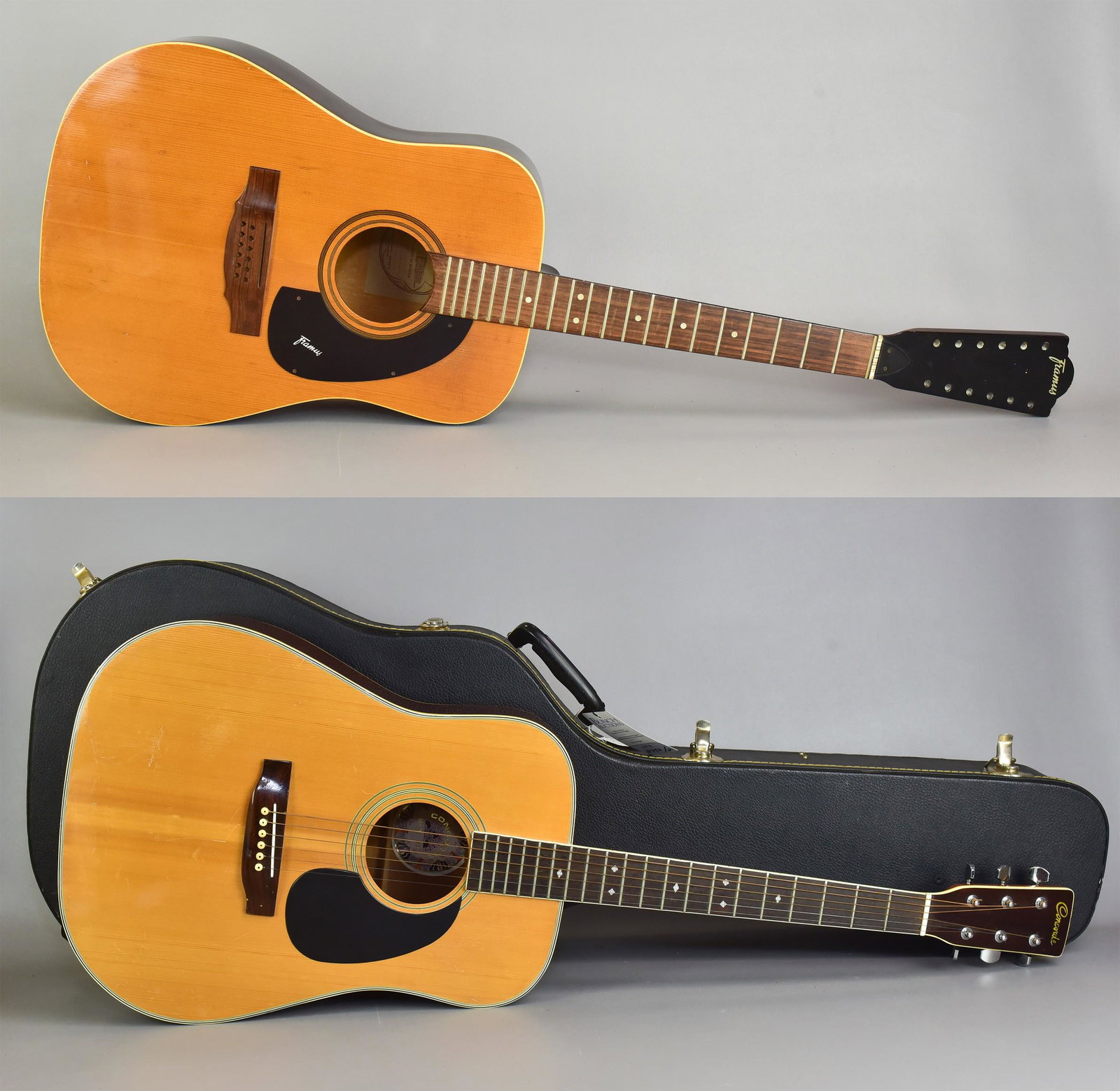 (2) Acoustic Guitars: (2) Acoustic guitars, c/o Framus-Werke 12-string serial #61544 (missing saddle & tuning pegs, no case), Concorde Mark 32 6-string (with case)