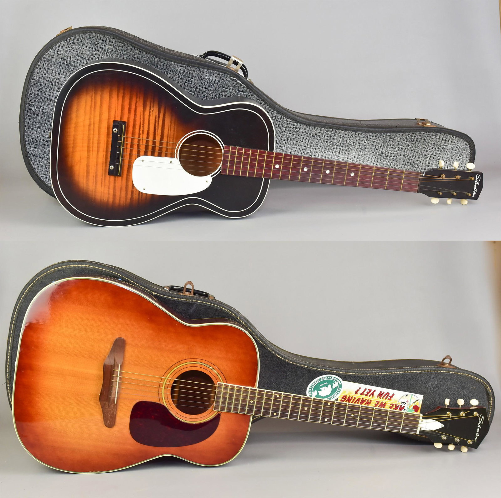 (2) Silvertone Acoustic Guitars: (2) Silvertone 6-string acoustic guitars, c/o model H608 inside stamp 2802H608, and one unmarked, both with cases, good condition, no cracks or repairs, minimal to none warping to neck, Orange sunburs