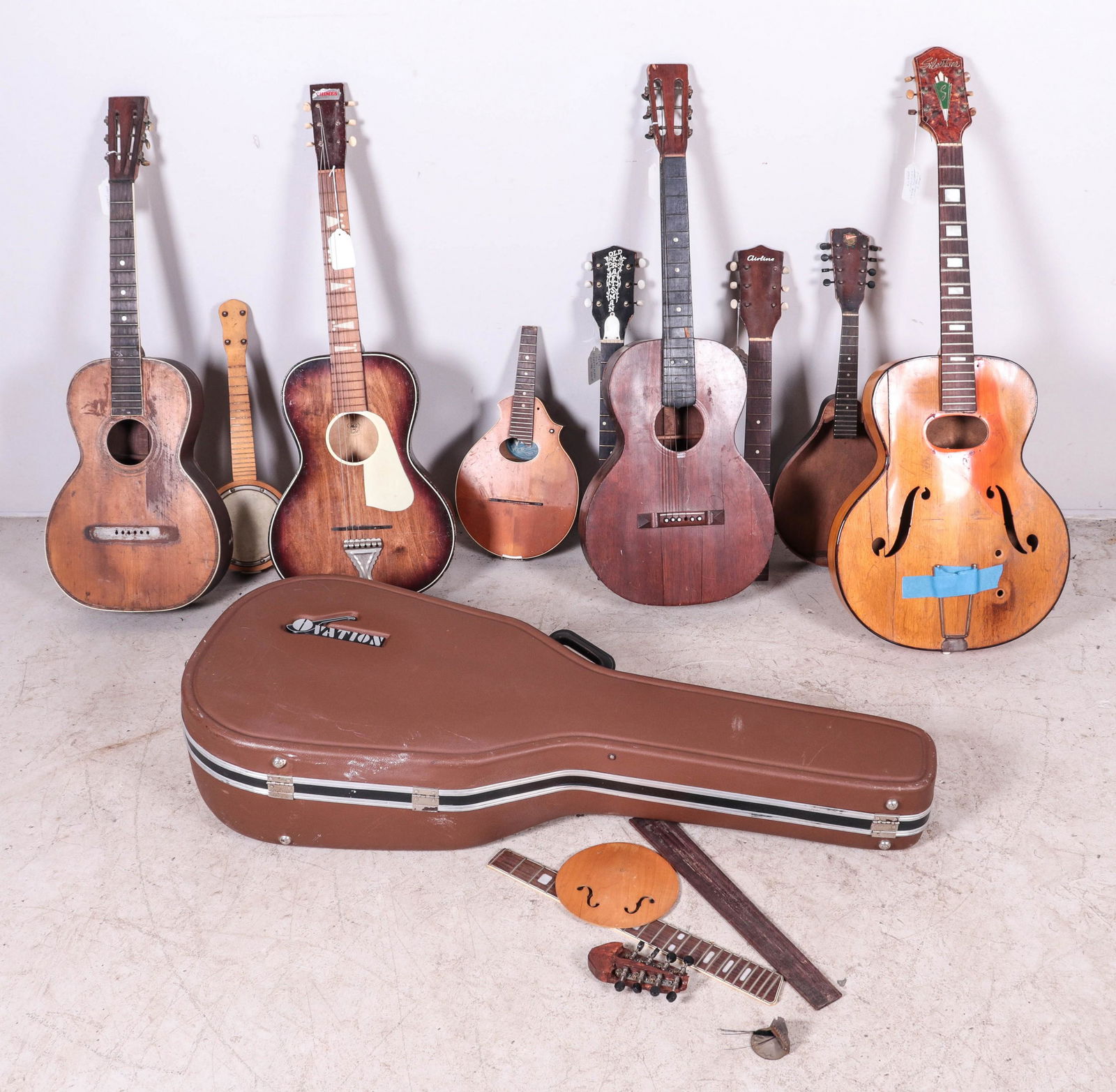 (5) Acoustic Guitars & Parts: (5) Acoustic 6-string guitars, all for parts or repairs, c/o Ovation arch back model #1112-4 (broken body, with case), Chimes (stamped inside illegibly), unmarked (missing bridge), mahogany (hole in s