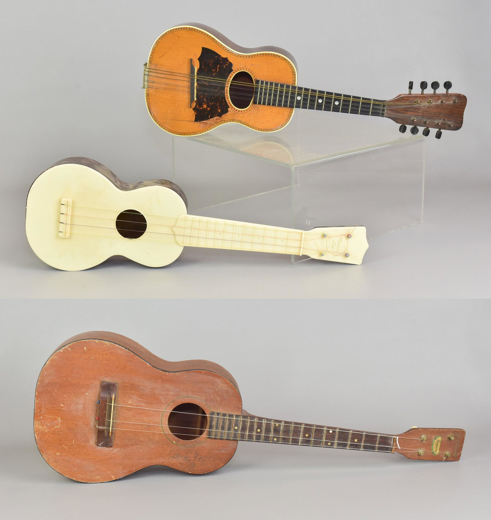 (3) Ukuleles: (3) Ukuleles, c/o Jim Hewett Harmony, 8-string Mandolinetto (cracked body), Mauna Loa plastic