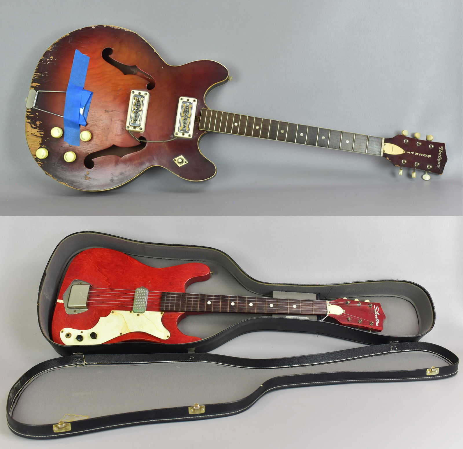 (2) Electric Guitars: (2) Electric guitars, c/o Silvertone solid body model 141D (with case, cracked pickguard), Harmony Rocket hollowbody with "F" holes (no case, damage to finish, missing screw in back)