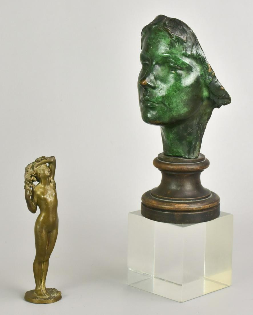 (2) Female Sculptures: (2) Female sculptures to include Chester Beach cast figure, "Breath of The Pines" signed in casting, 5-5/8" h and bronze cast womans face, signed in cast illegibly, 8" h