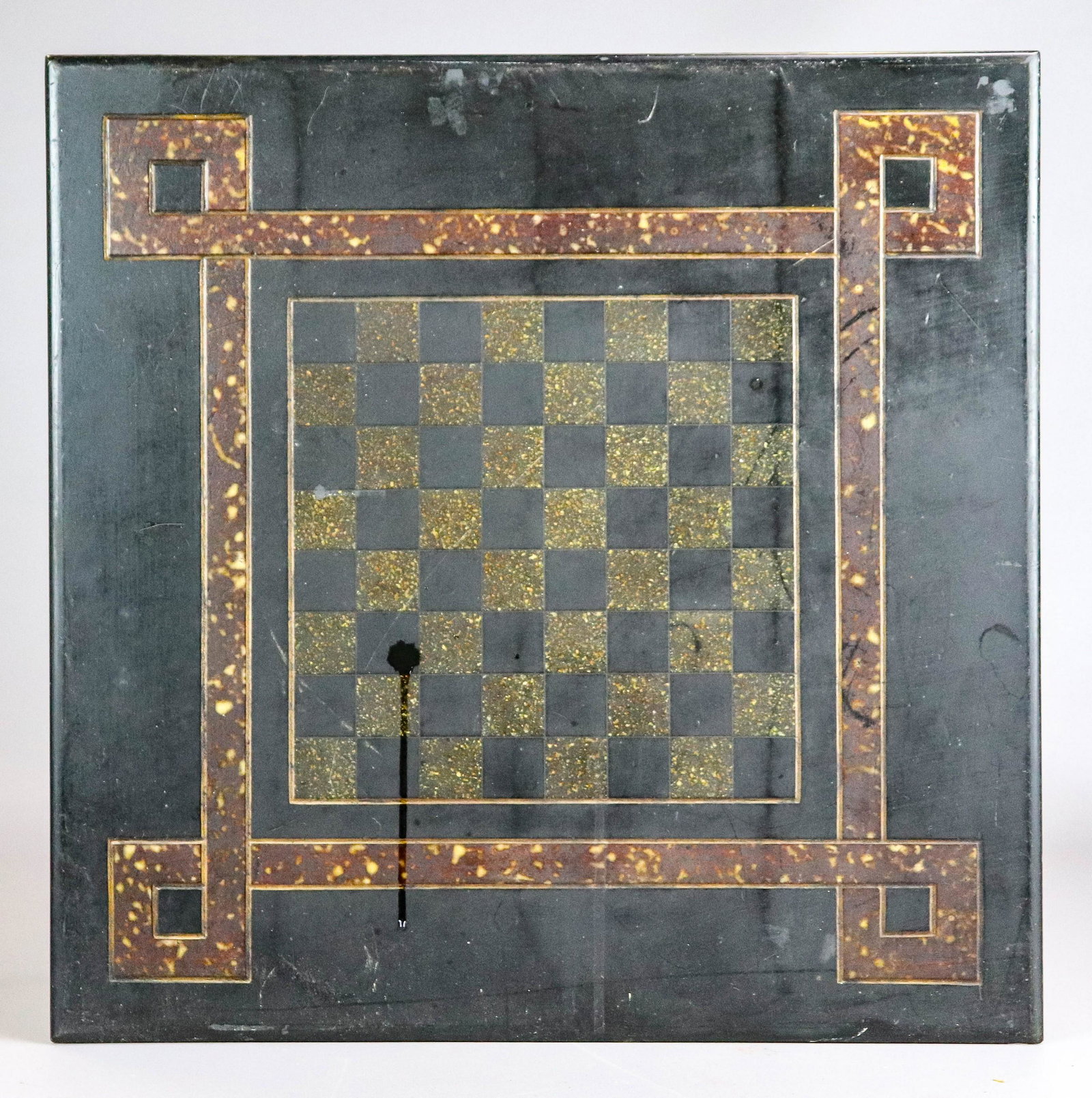 Stone Inlaid Chess Board: Stone inlaid game board, chess or checkers, 22" sq