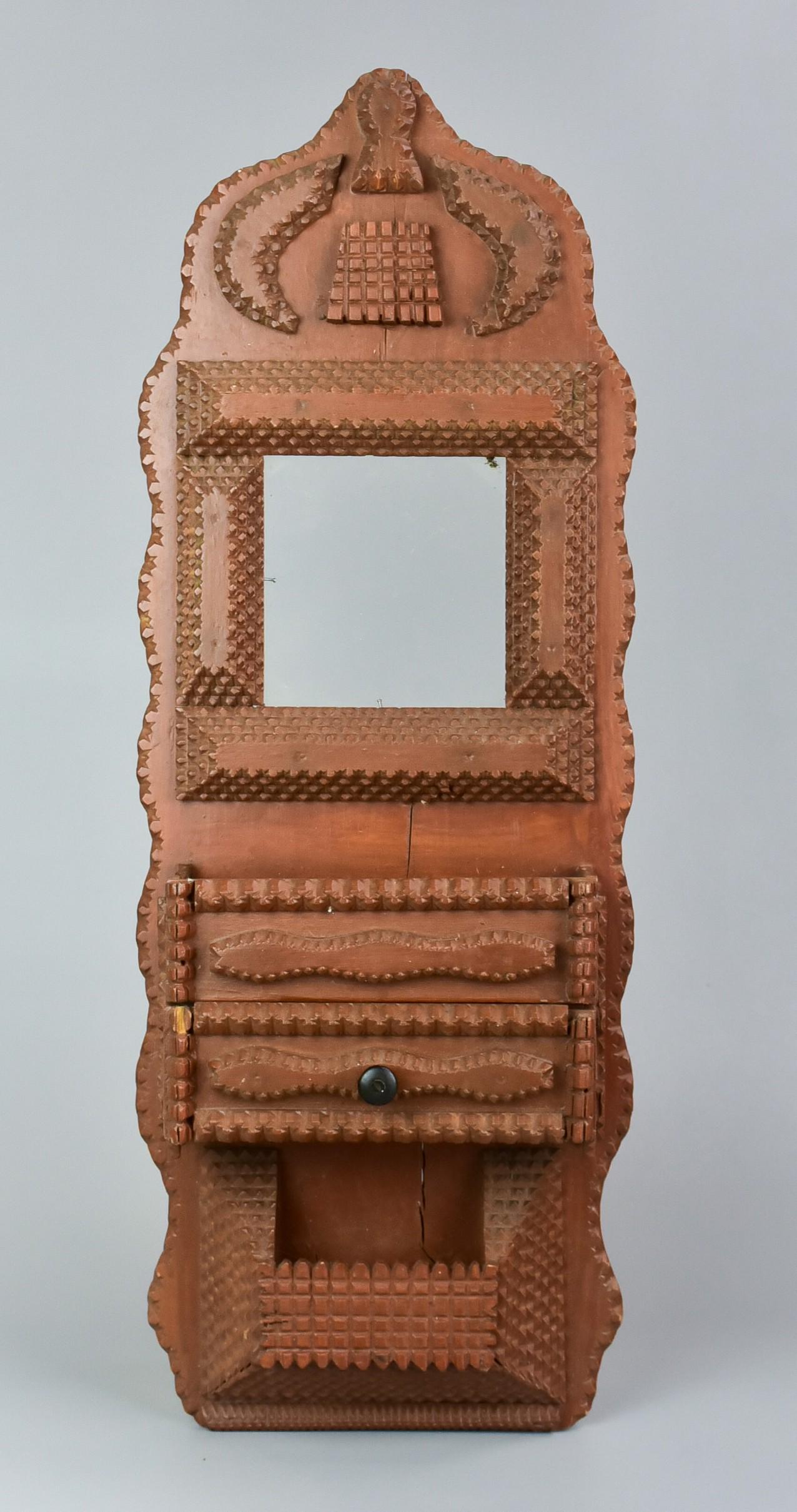 Tramp Art Wall Pocket: Tramp art wood wall pocket, 4" x 4-1/4" opening for picture, 2 pockets, 1 drawer, 23-1/4" x 8-1/2" overall