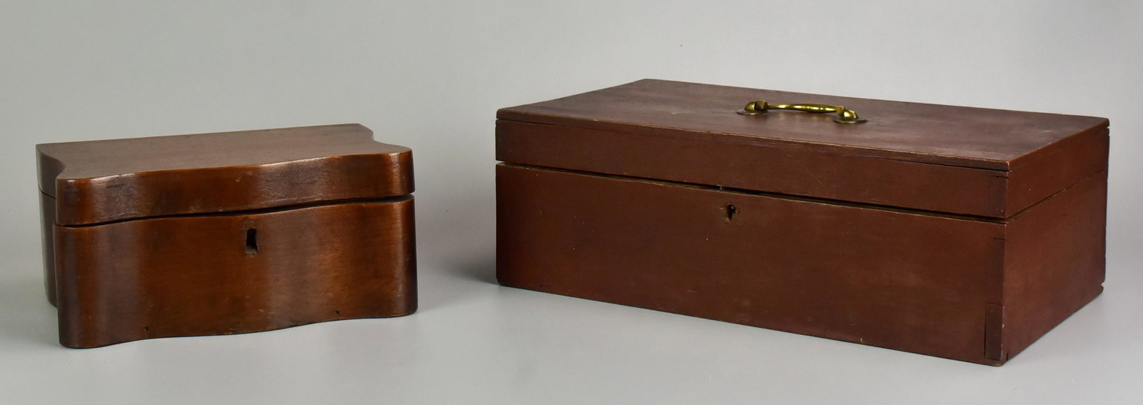 19th c. Pine Lock Box and Dresser Box: 19th c. Pine lock box and dresser box to include lock box with old red surface, 15" x 8-1/2"x5" and dresser box with lift lid and slotted lift out compartment, old velvet lining and mirrored lid, crac