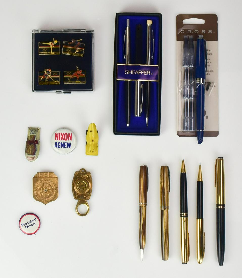 Pens, and other Desk Items: Pens and Other Desk Item; 1992 winter olympic pins set of 4; (1) aluminum plane decoration, (2) Nixon Buttons, (1) Cross Bue pen, (1) Set of Sheaffer Pen set in Box, (1) Watermans brown pens, (1) Ever