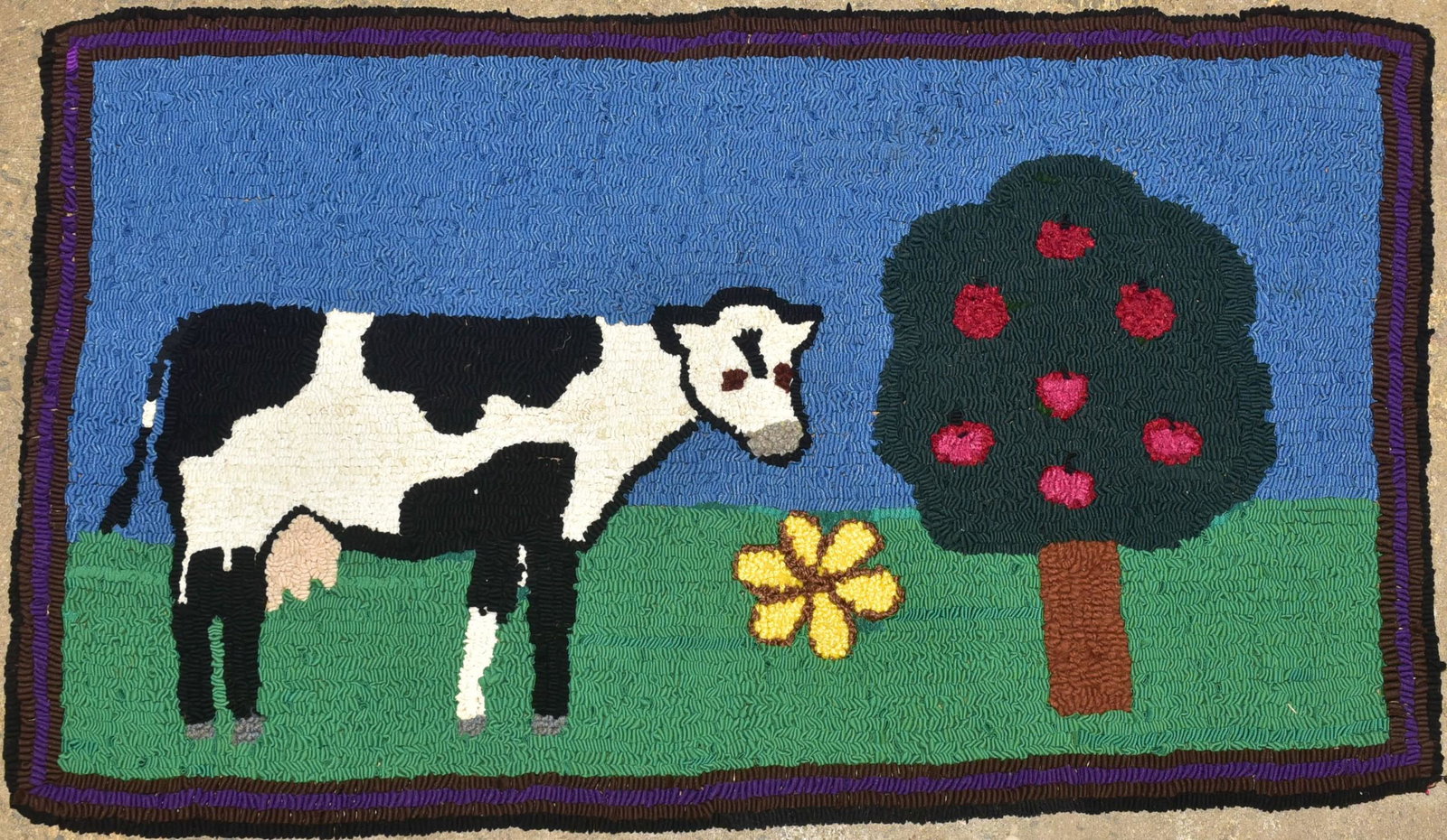 Mabel Martin Cow and Tree Hooked Rug: Mabel Martin cow and tree hooked rug, unsigned, 33" x 19-1/2"