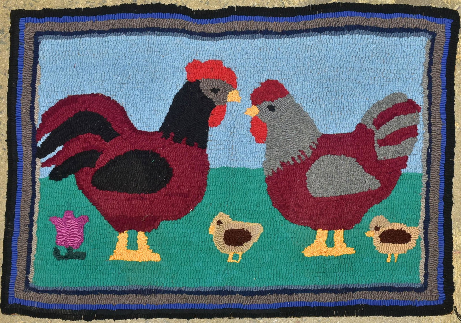 Mabel Martin Rooster, Hen and Chicks Hooked Rug: Mabel Martin rooster, hen and chicks hooked rug, 32"x22" excellent condition, signed at back