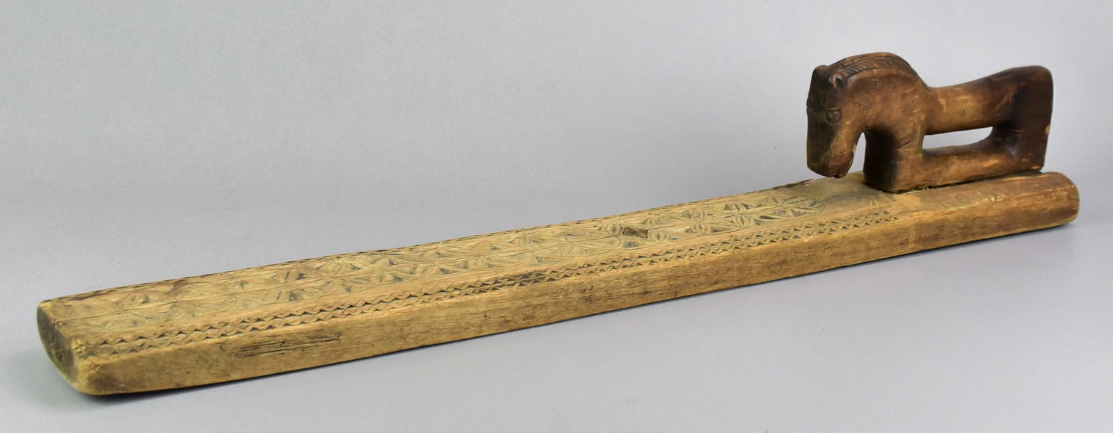 Carved Wood European Mangle Board: European mangle board, carved wood, horse handle, 27-1/2" l, wear & splits