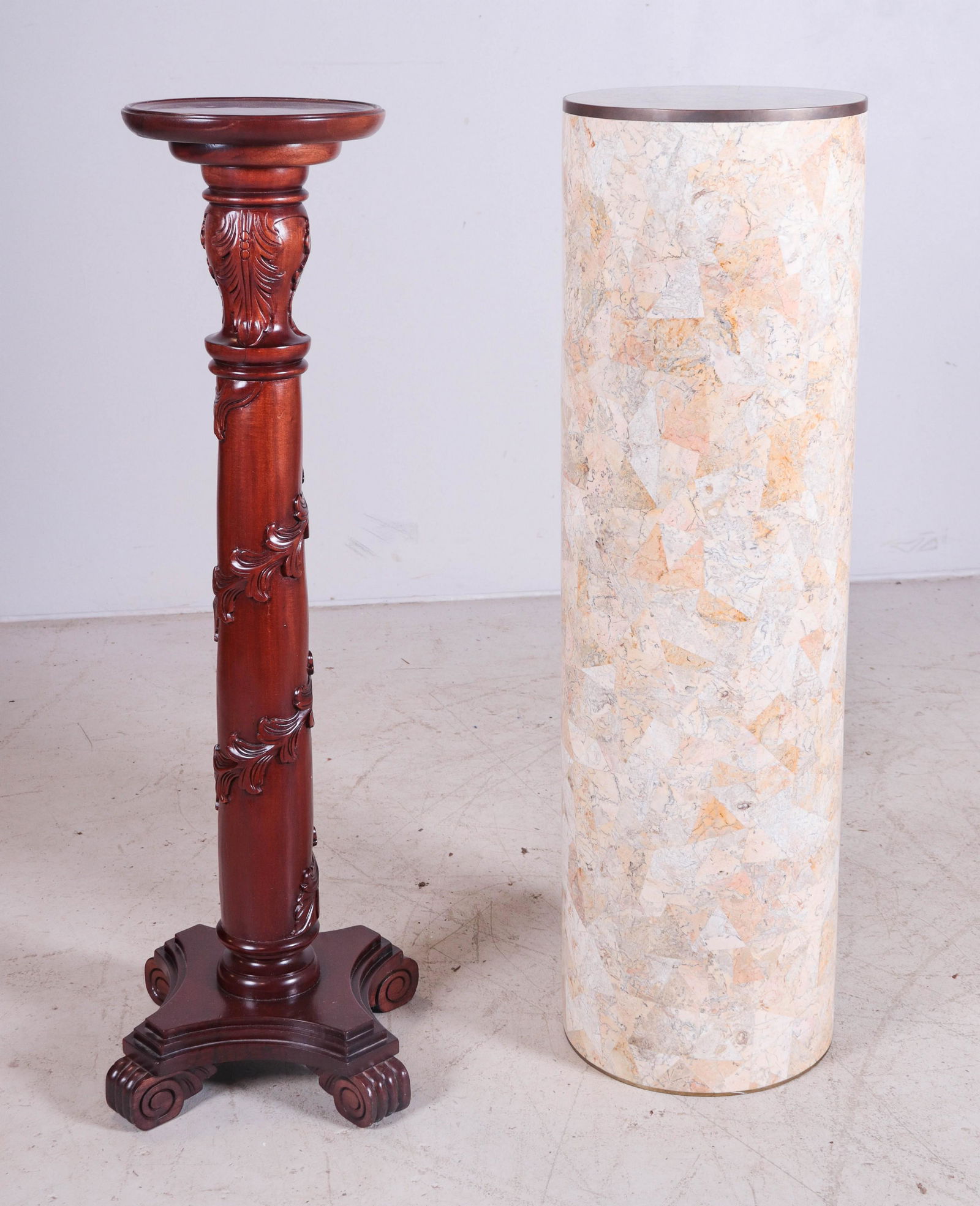 Maitland-Smith Tassellated pedestal, Italian style: Maitland-Smith Tassellated pedestal w/ brass border, along with Italian style carved pedestal, largest 42"h x 12-1/4"diameter