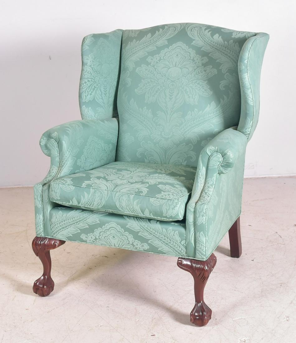 Hancock and Moore Chippendale style wing chair: Hancock and Moore Chippendale style wing chair, green damask upholstery, 41"h x 34'w x 33"d