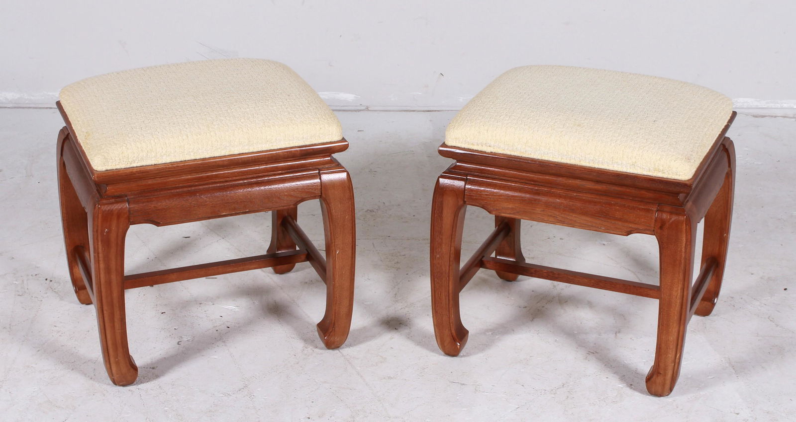 Pair Thomasville Asian style footstools: Pair Thomasville Asian style footstools, upholstered tops, 18"h x 18-1/2"w x 16"d