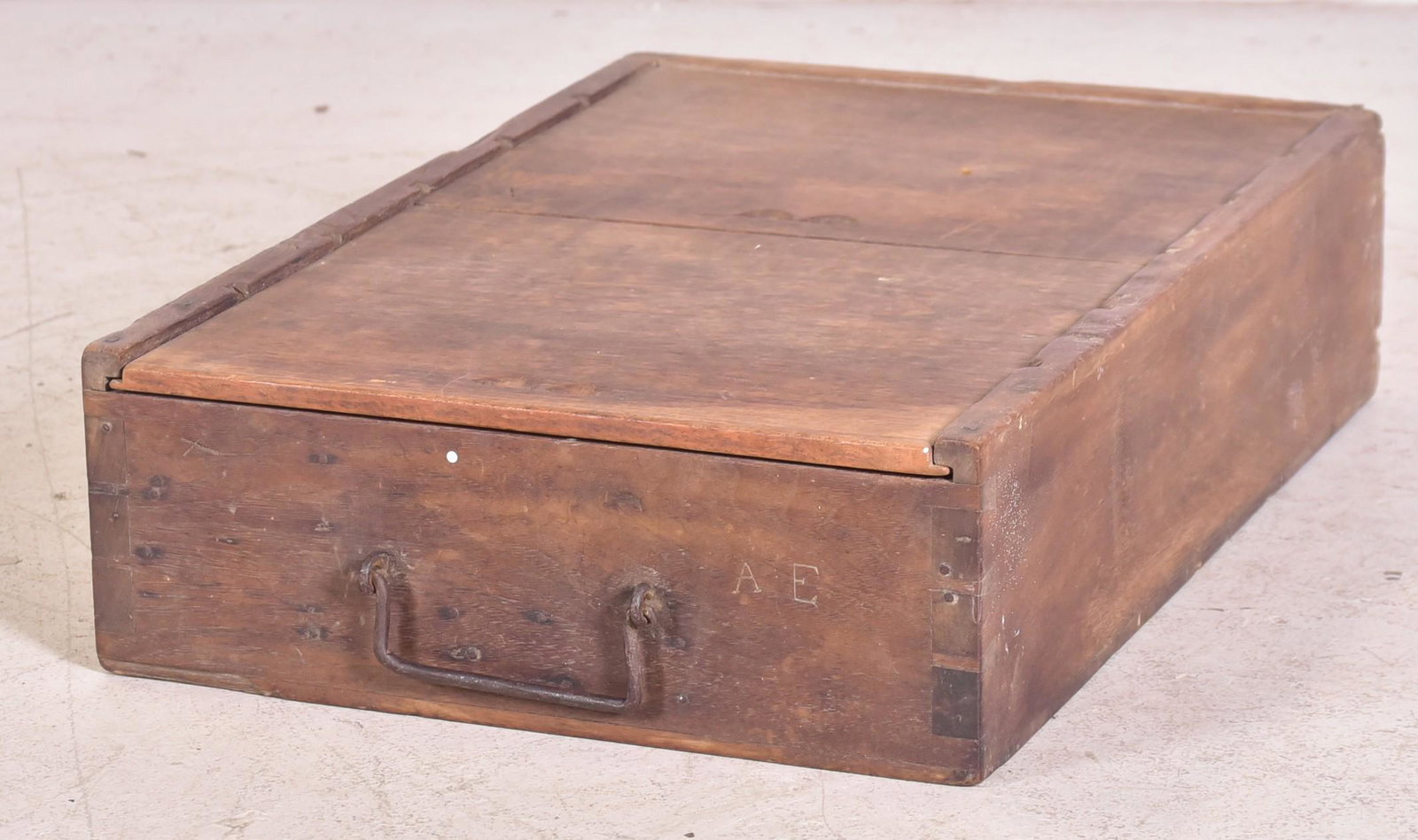 Pine cash drawer: Pine cash drawer, top split with two boards, marked AE on front, 5-3/4"h x 23"l x 15"w