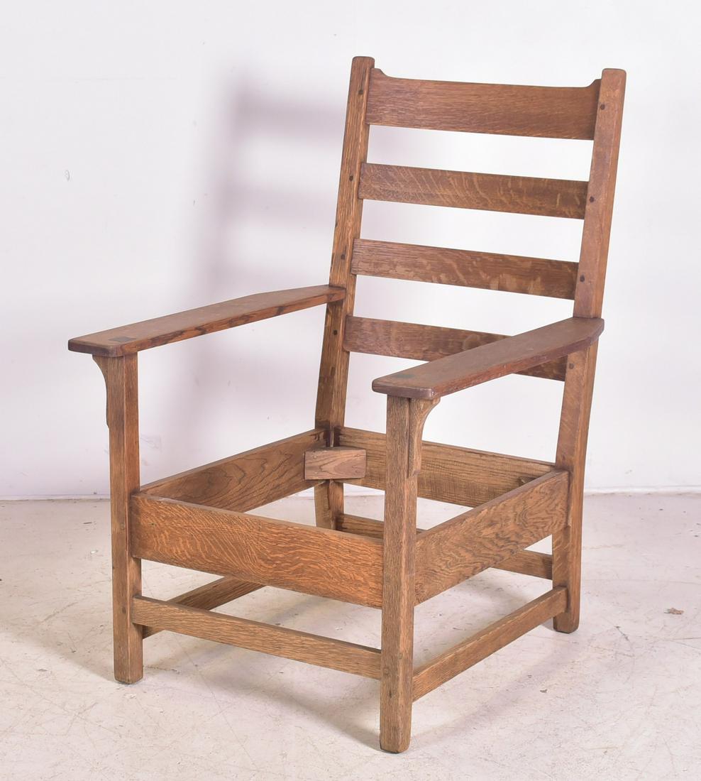 Oak Mission style armchair: Oak Mission style armchair, slatted back, pinned arms and back, no cushion, 43"h x 29-1/2"w x 30-1/2"d