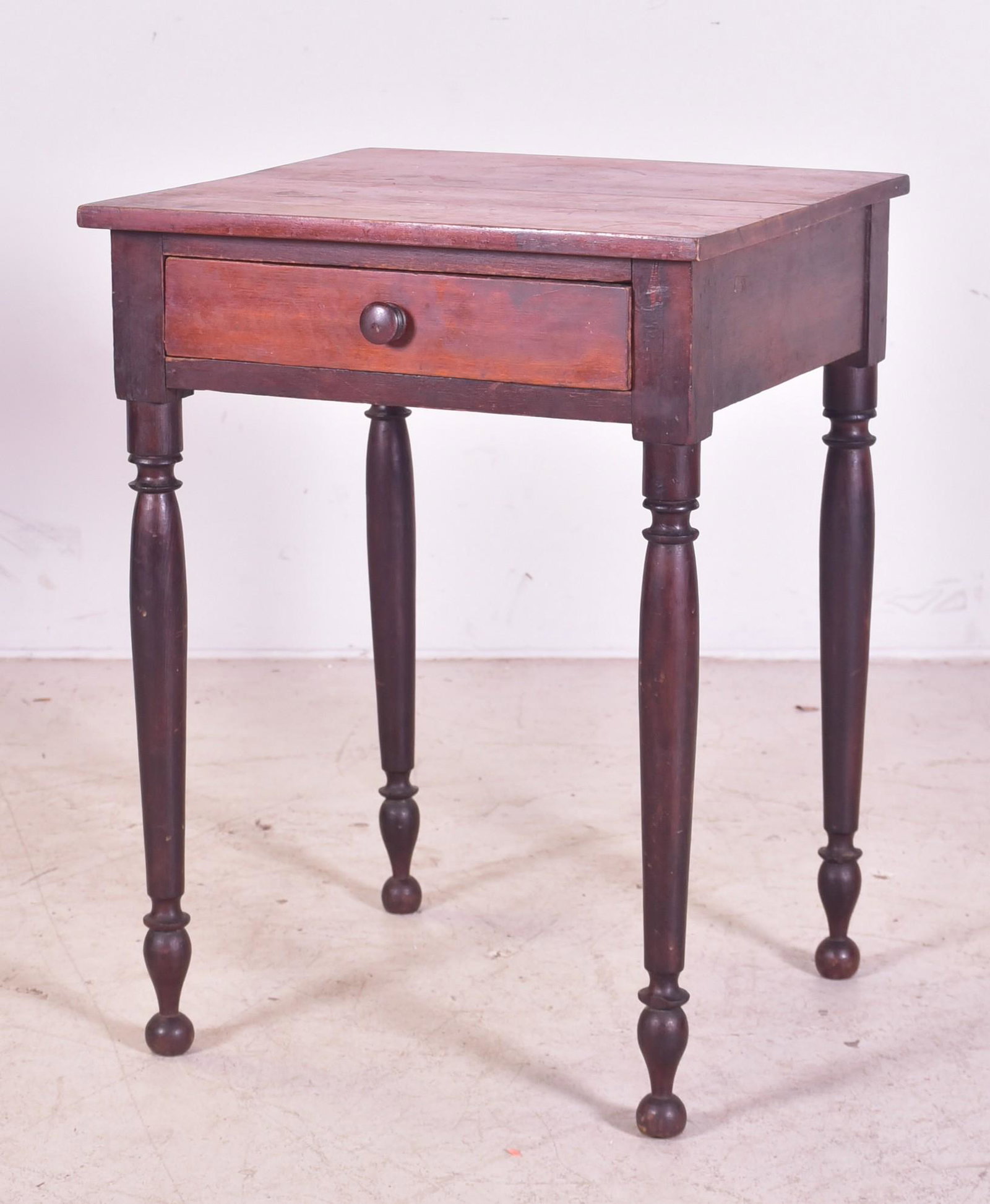 Sheraton Cherry one drawer side table: Sheraton cherry one drawer side table, turned legs on ball feet, 27"h x 20"w x 19"d, wear and watermarks