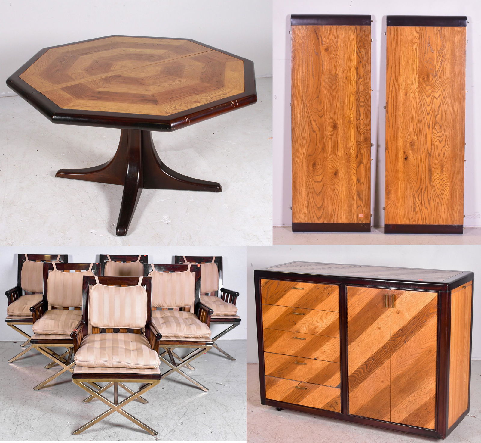 (8) pc Modern Design walnut DRS: (8) pc Modern Design walnut DRS, c/o (6) Director's style armchairs with slatted sides and back, gilt metal x-base, banded octogonal table, banded top buffet, dining table 29"h x 54"diameter, two 18"w