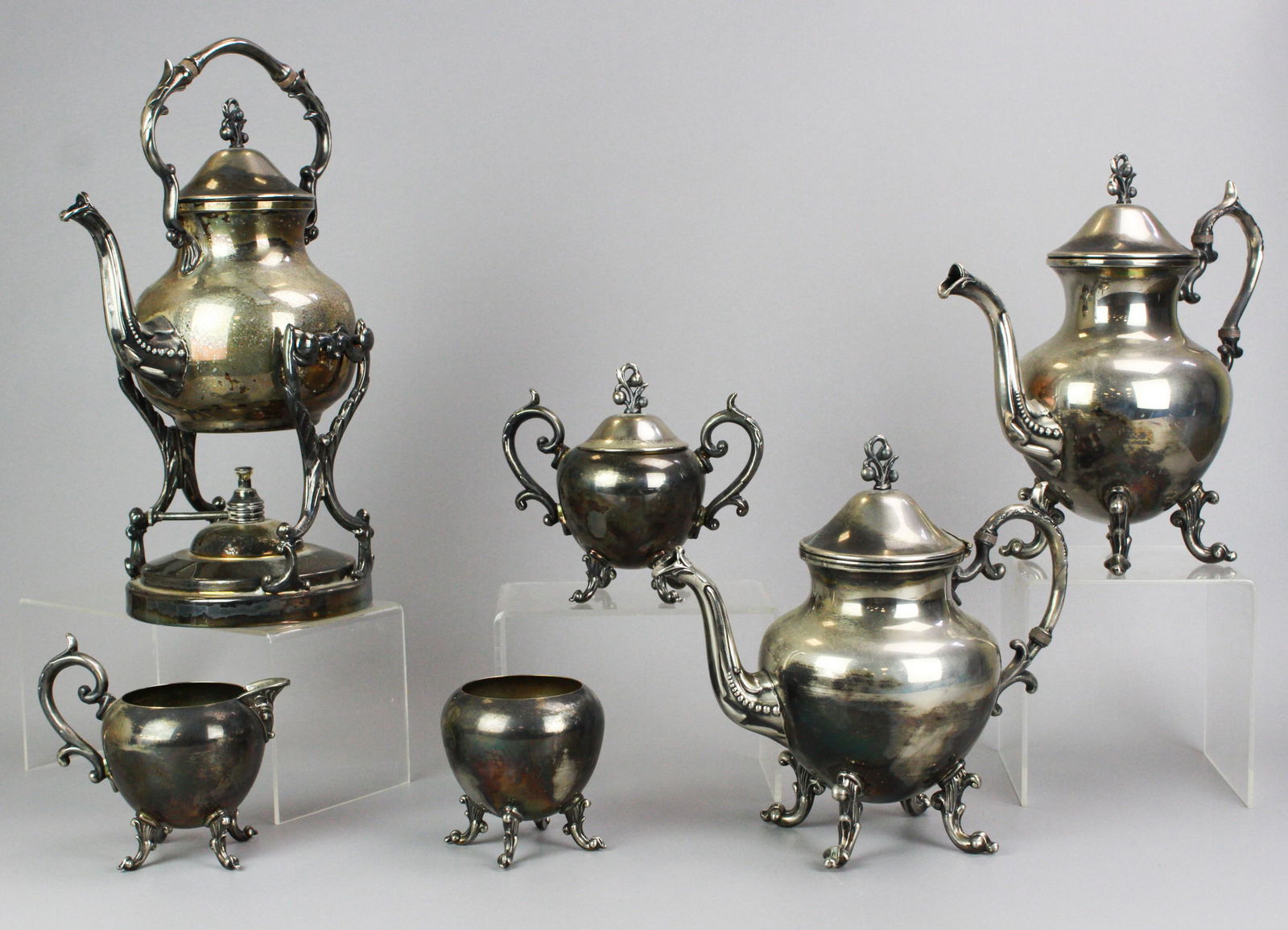 Birmingham Silver Co 6-Pc Tea Set: Birmingham Silver Co 6-pc tea set, Goldfeder pattern, silver on copper, c/o tilting teapot with burner, teapot, coffee pot, sugar, creamer, waste bowl
