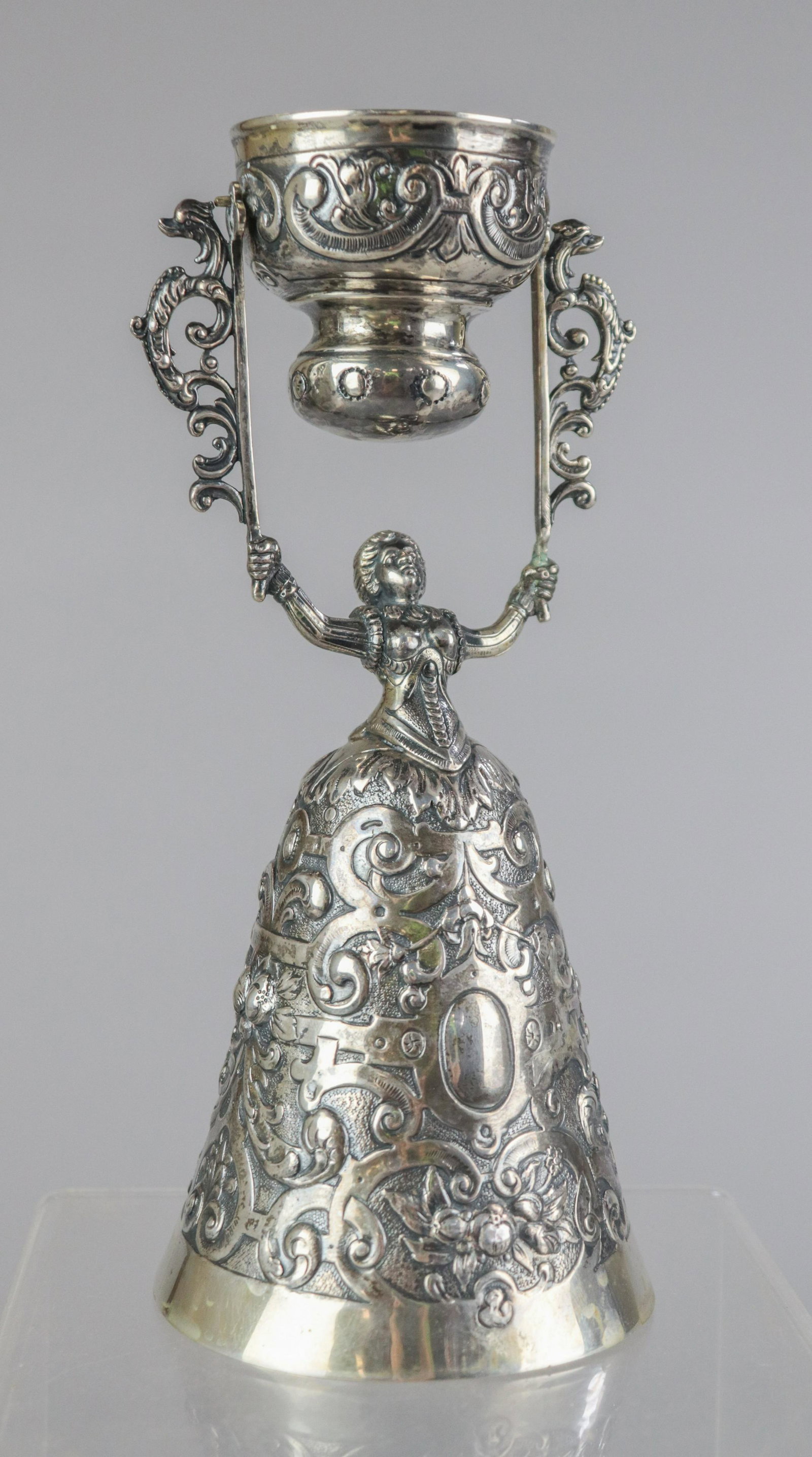 "Jungfrauenbecher" Wager Cup: (1) Figural 800 Silver "Jungfrauenbecher" Wager Cup maiden's cup" 9.64 ot oz