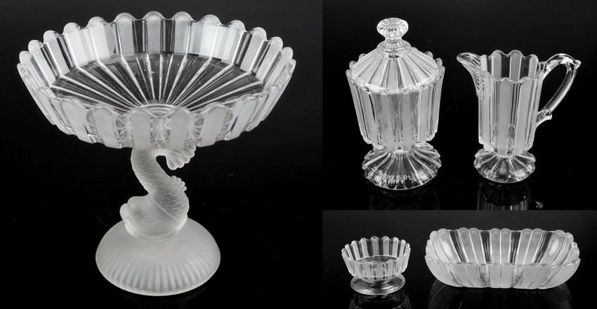 (5) Pcs EAPG Bakewell Pears Frosted Ribbon: (5) Pcs EAPG Frosted Ribbon glass, Bakewell Pears & Co, c/o compote with inverted dolphin compote (8-1/2" dia x 7-3/4" h), covered footed candy dish (7-3/4" h), footed creamer (6-1/4" h), round footed