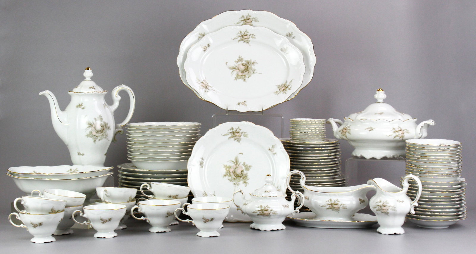 (102) Pcs Johann Haviland Bavaria Dinnerware: (102 Pcs Johann Haviland Bavaria Germany porcelain dinnerware, Sepia Rose pattern, c/o (11) 10" dinner plates, (12) 7-3/4" salad plates, (13) 6-1/2" B&B plates, (12) 5-1/8" fruit bowls, (10) 7-5/8" so